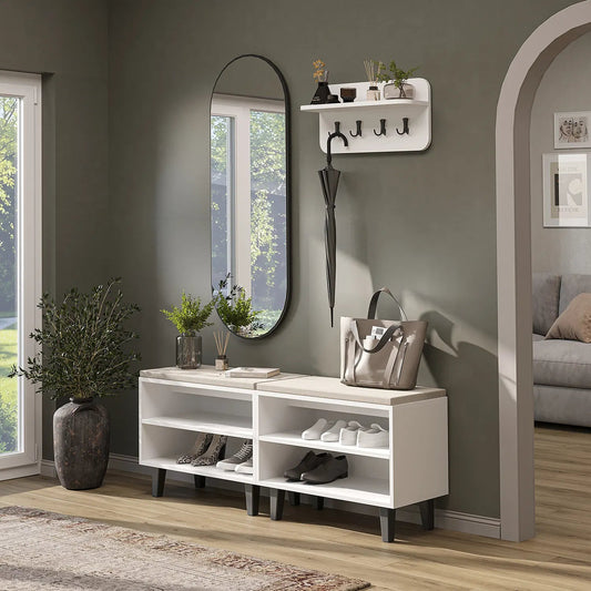 Roomart 4-teiliges Garderobenset NORD, mit 2 offenen Sitzbänken, Wandgarderobe und ovalem Spiegel, in 2 Farben