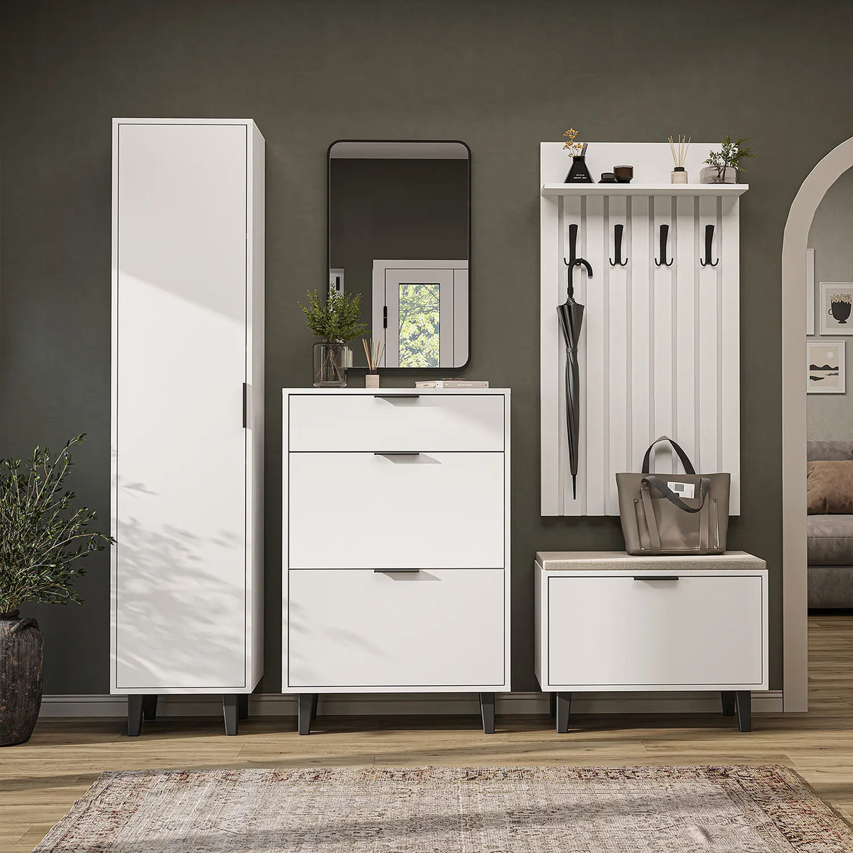 Roomart 5-teiliges Garderobenset NORD, mit Hochschrank, Schuhschrank, Sitzbank, Garderobenpaneel und Spiegel, in 2 Farben