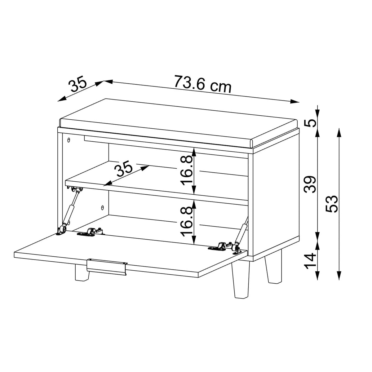Technische Zeichnung Sitzbank NORD 73,6 x 35 x 53 cm mit geöffneter Schuhklappe