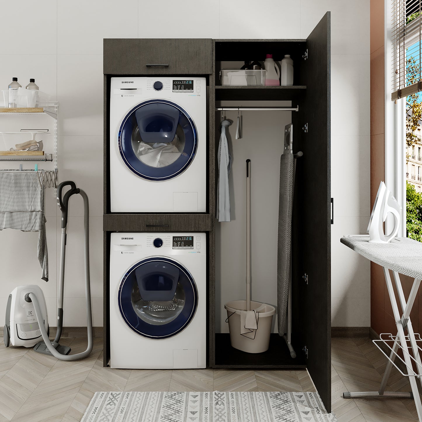 oneconcept, waschmaschinenüberbauschrank, stapeln, waschmaschienenschrank, rahmen, über, auffangwanne, untergestell, waschmaschinenregal, zwischenbaurahmen, antirutschmatte, verbindungsrahmen, universal, schwingungsdämpfer, rückläufer, kaufen, auf, stellen, vibrationsdämpfer, unterbau, übereinander, stabil, waschmittel organizer, kühlschrank, erhöhung, waschmaschienenuntergestell, podest, schublade, schubladen, , schwarz