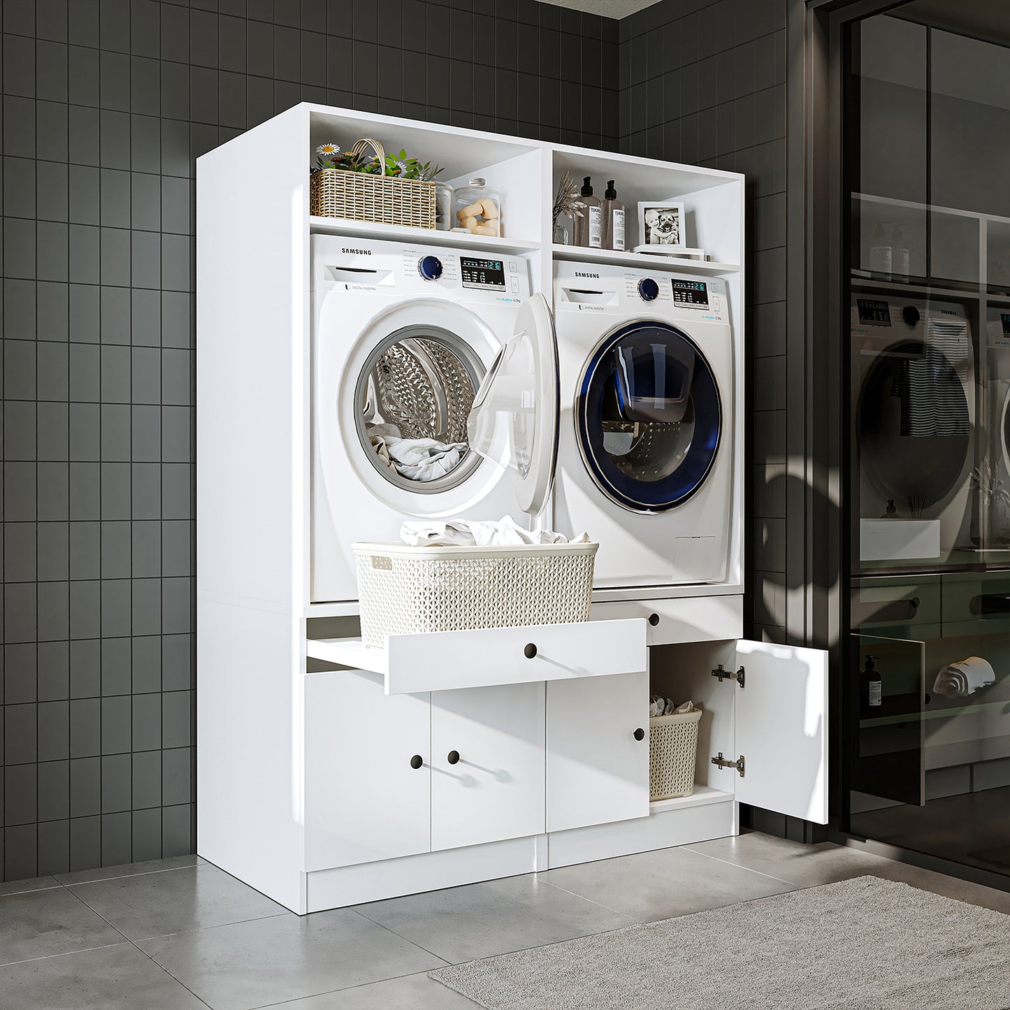 Roomart - Armadio doppio con ripiano estraibile - Torre di lavaggio in 3 colori - HBT: 184 x 134 x 65 cm - mobile per lavatrice, ripiano per lavatrice, torre di lavaggio, mobile, bianco, lavatrici, mobile base, lavatrice, asciugatrice, mobile domestico, armadi, mobile bagno