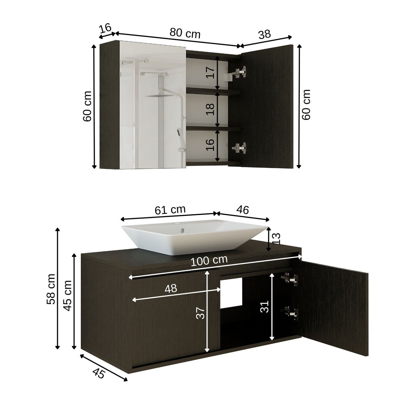 Roomart • Badmöbel Set • ATLANTIC • 3 Teilig • 100 cm Unterschrank mit Keramikwaschbecken • 80 cm Spiegelschrank