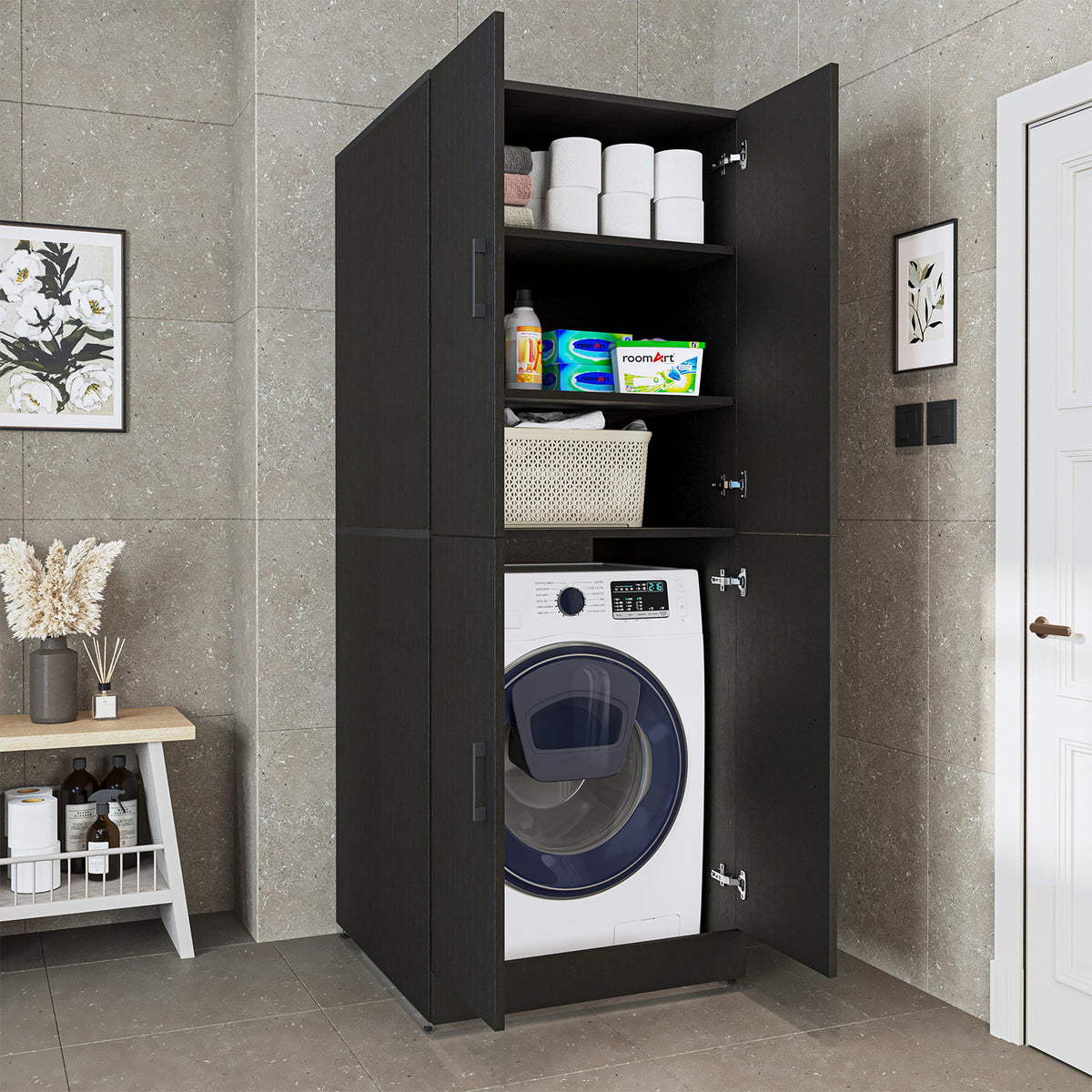 Waschmaschinenschrank DORA-II in Schwarz Eiche mit Einlegeböden