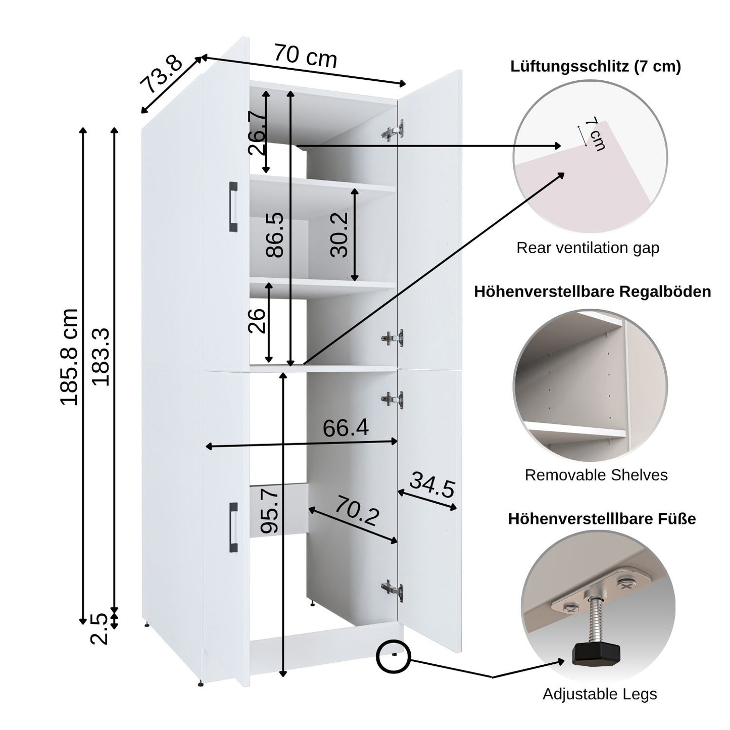 Roomart Waschmaschinenschrank - SERIE DORA-II- 130 cm breit – Überbauschrank für Waschmaschine & Trockner mit Regalböden – Waschküche & Hauswirtschaftsraum – in 5 Farben • Weiß • Weiß Eiche • Anthrazit Eiche • Eiche • Schwarz Eiche