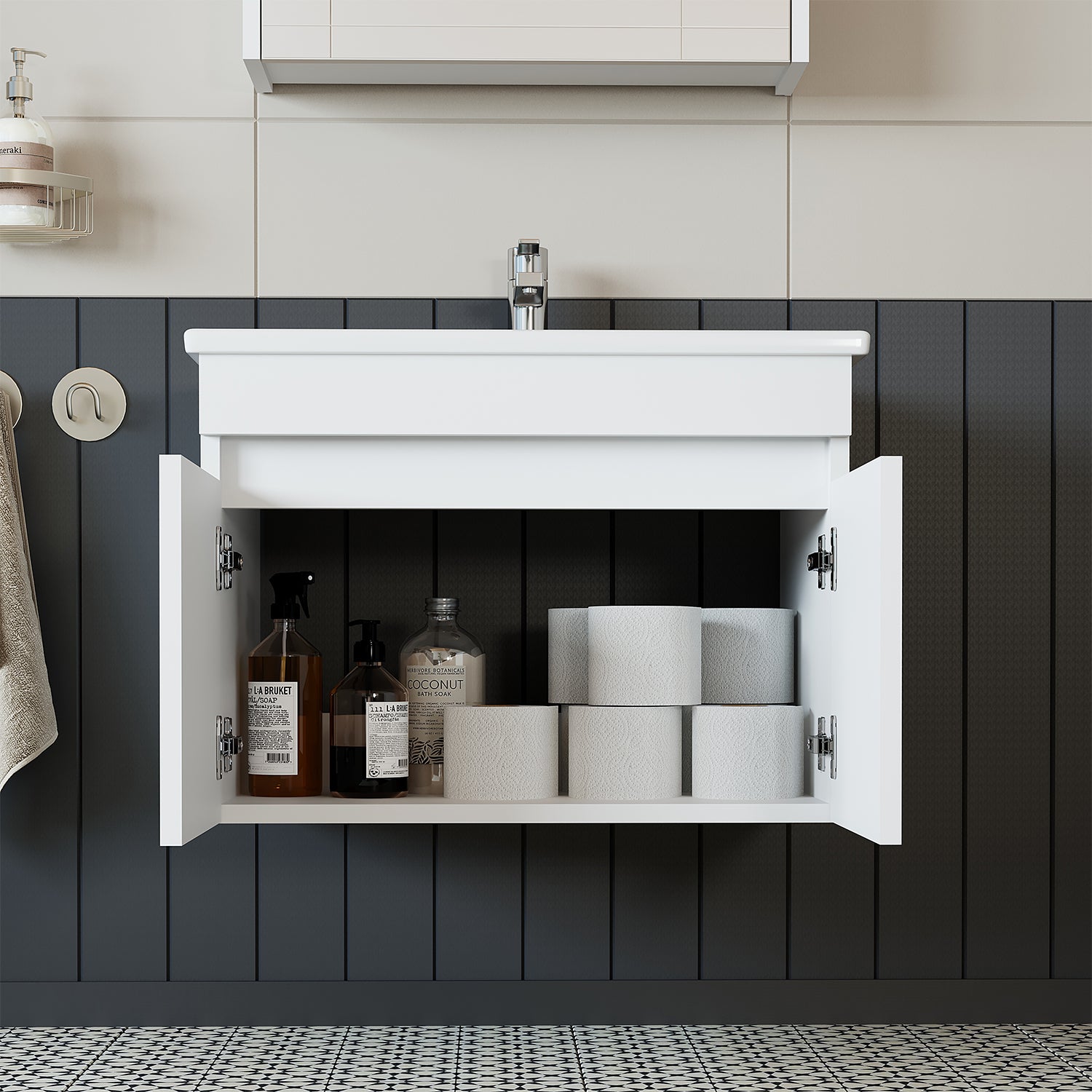 Roomart Ensemble de meubles de salle de bains ATRIA 85 cm Armoire basse avec lavabo Armoire haute - salle de bains, ensemble, lavabo, avec, armoire basse, salle de bains, armoire, large, miroir, meubles de salle de bains, lavabo, pour, armoire de salle de bains, armoire haute, meuble sous-vasque, w