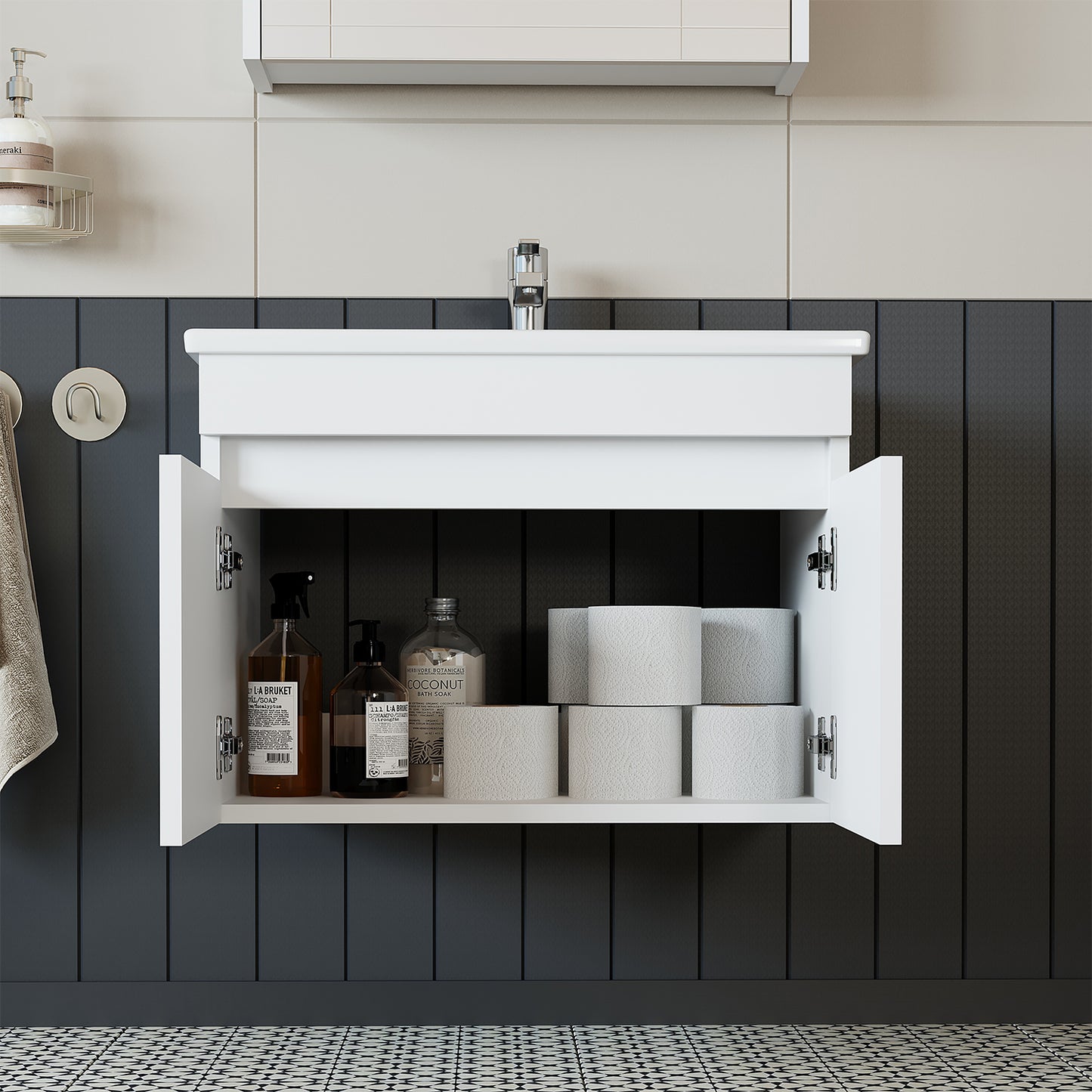 Roomart Ensemble de meubles de salle de bain ATRIA 65 cm Armoire basse avec lavabo Armoire haute - miroir salle de bain, armoire miroir salle de bain largeur 60 cm, armoire miroir salle de bain, armoire miroir avec éclairage, armoire miroir largeur 80 cm, armoires miroir pour salle de bain, miroir