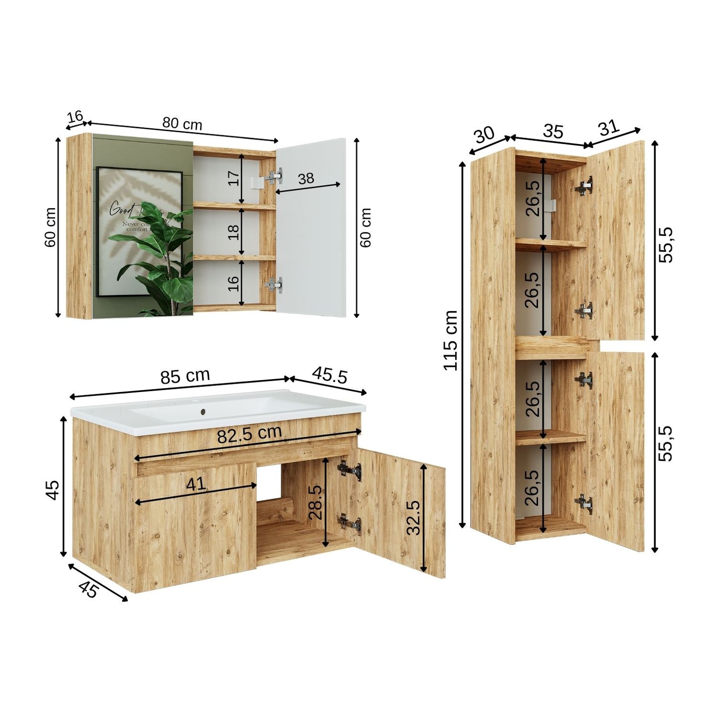 Set arredo bagno Roomart ATRIA Mobile base 85 cm con mobile specchio lavabo mobile alto