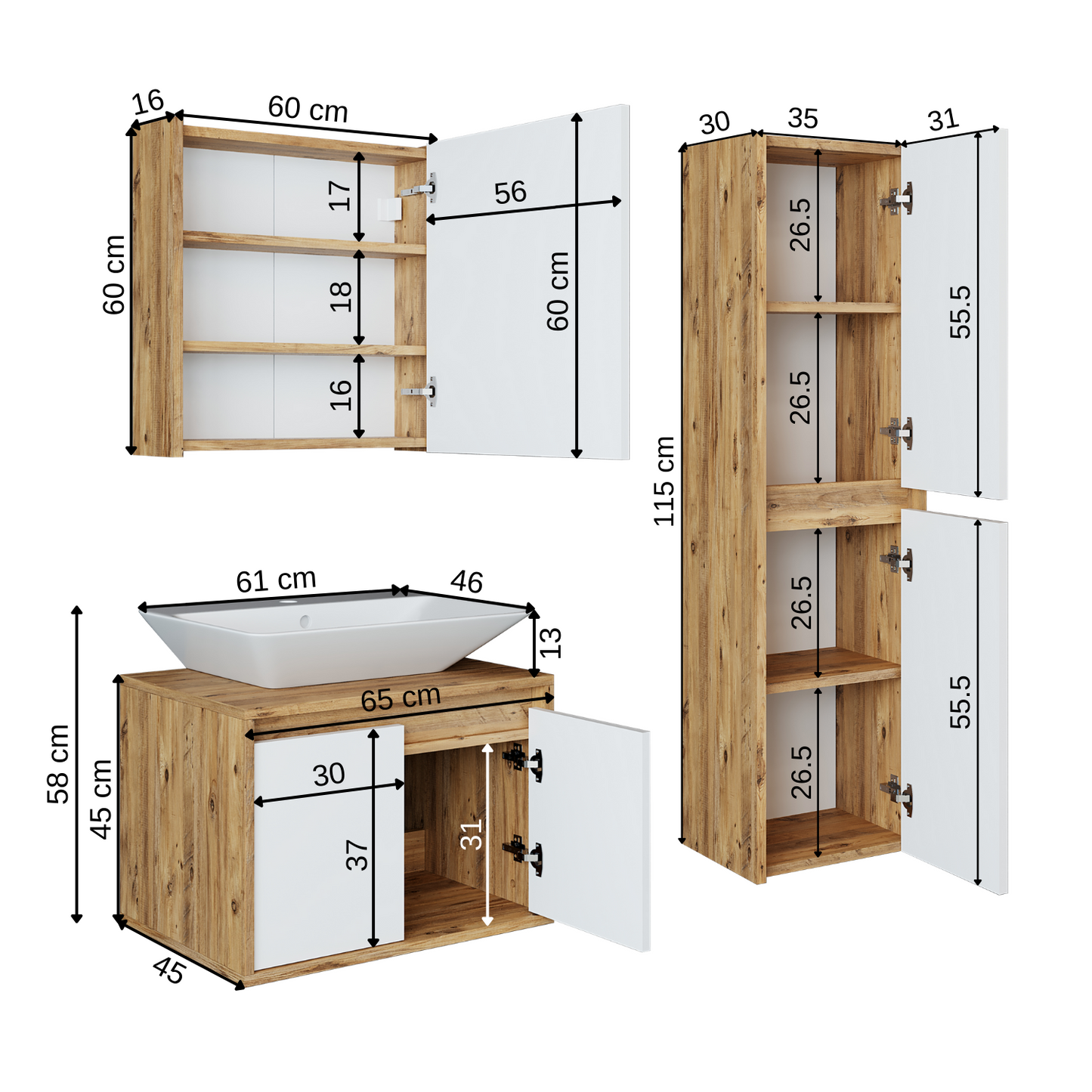 Roomart Badmöbel Set ATRIA 65 cm Unterschrank mit Waschbecken Spiegelschrank Hochschrank