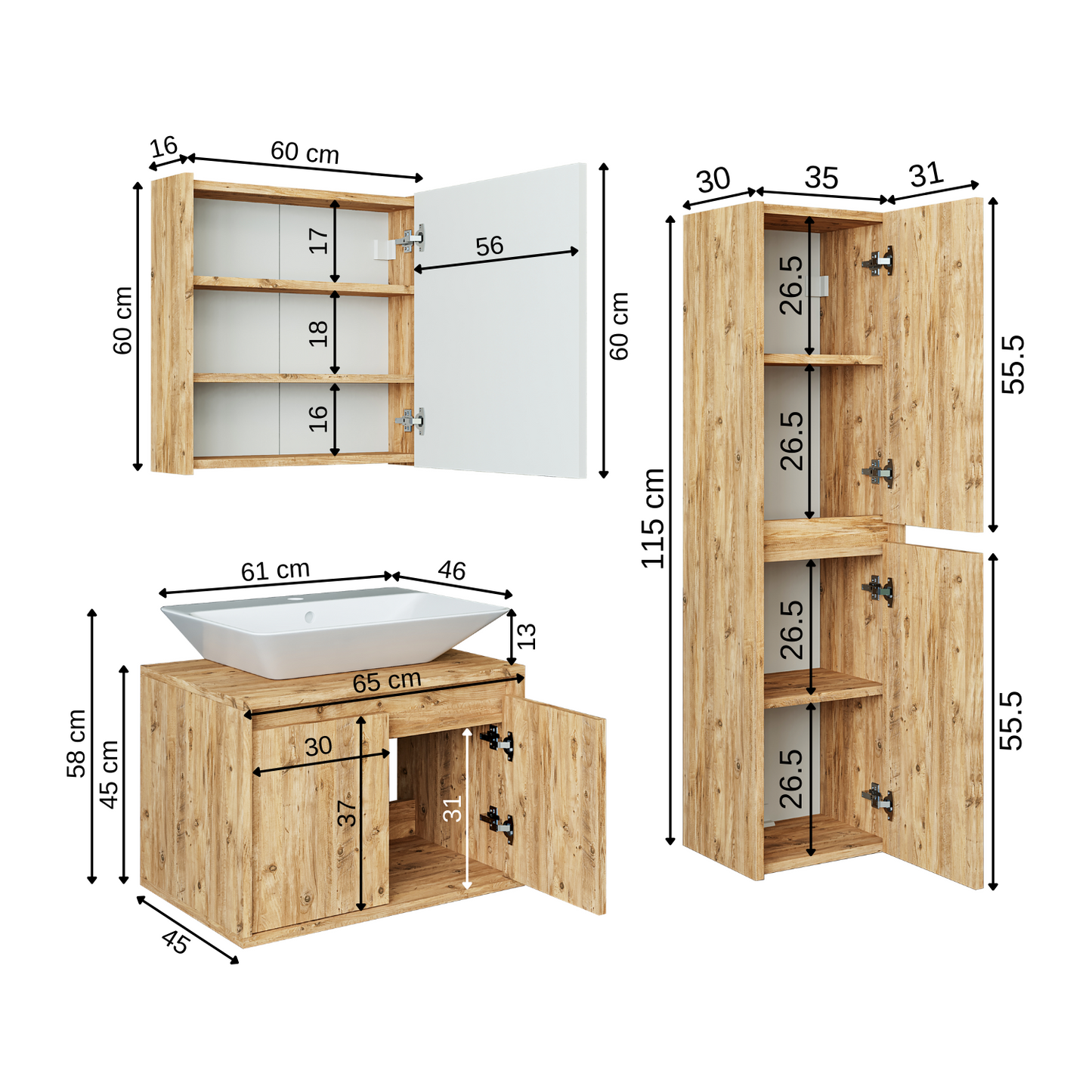 Roomart Badmöbel Set ATLANTIC 4-teilig, in 4 Farben, 65cm Unterschrank mit Keramikwaschbecken • Spiegelschrank • Hochschrank