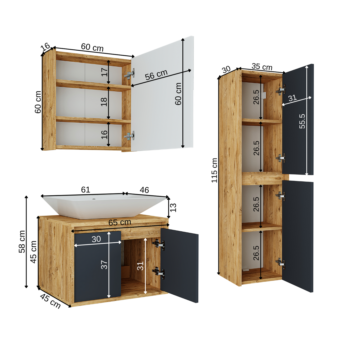 Roomart Badmöbel Set ATLANTIC 4-teilig, in 4 Farben, 65cm Unterschrank mit Keramikwaschbecken • Spiegelschrank • Hochschrank
