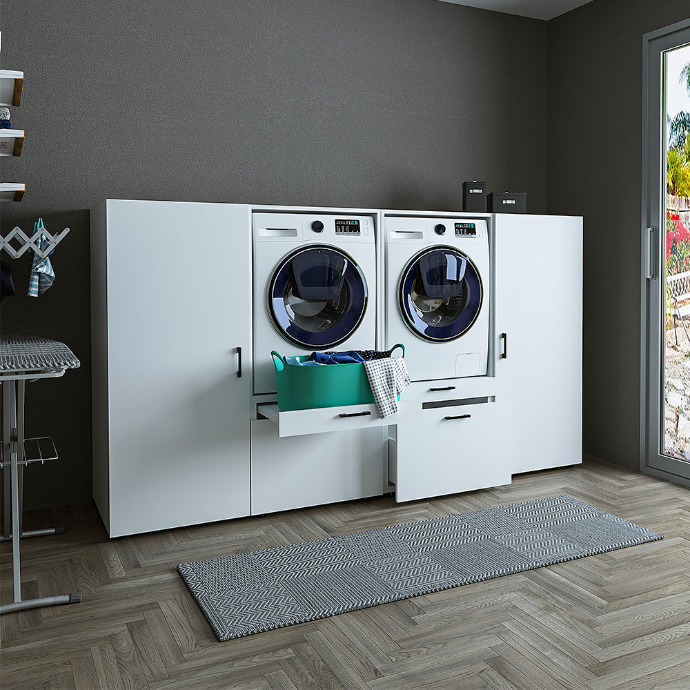 Roomart Waschmashinenshcrank für Trockner und Waschmaschine • Weiß • Schwarz eiche - schrank waschmaschine, bosch wtw875w0, waschmaschienenüberschrank, waschtowerschrank, wasserkistenregal, washing machine cabinet, wt47w5w0, washing machine heart, bodenwa