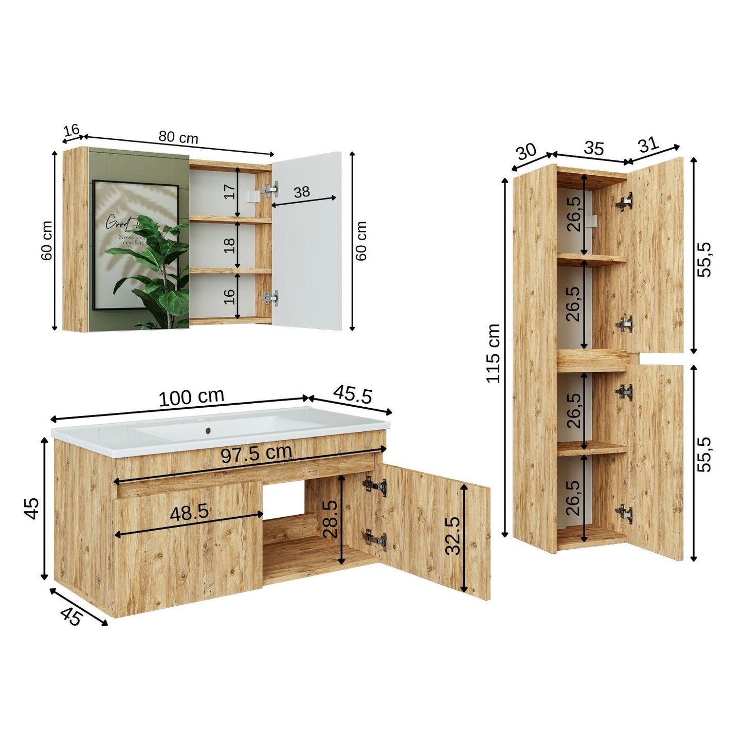 Roomart Badmöbel Set ATRIA In 4 Farben 100 cm Unterschrank mit Keramikwaschbecken Spiegelschrank Hochschrank