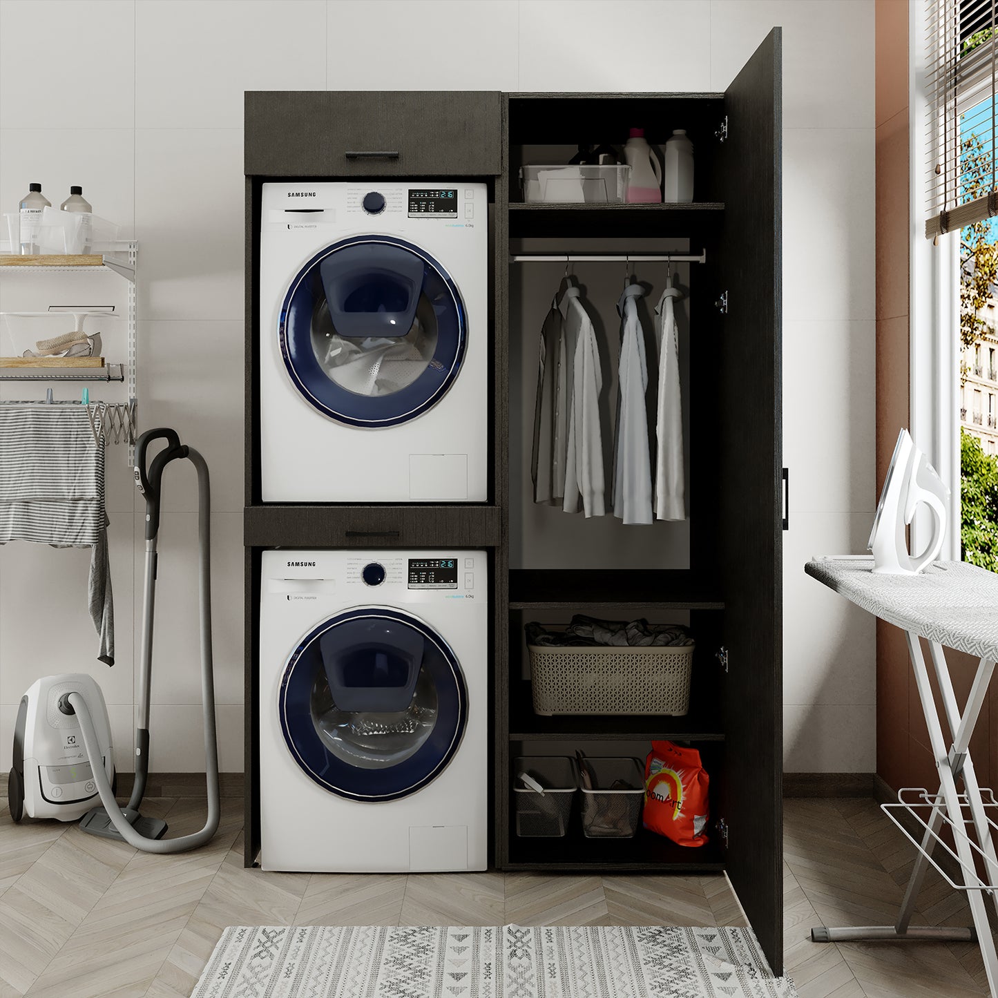 Sèche-linge mural Roomart sur lave-linge • 127 cm de large • Blanc • Chêne noir