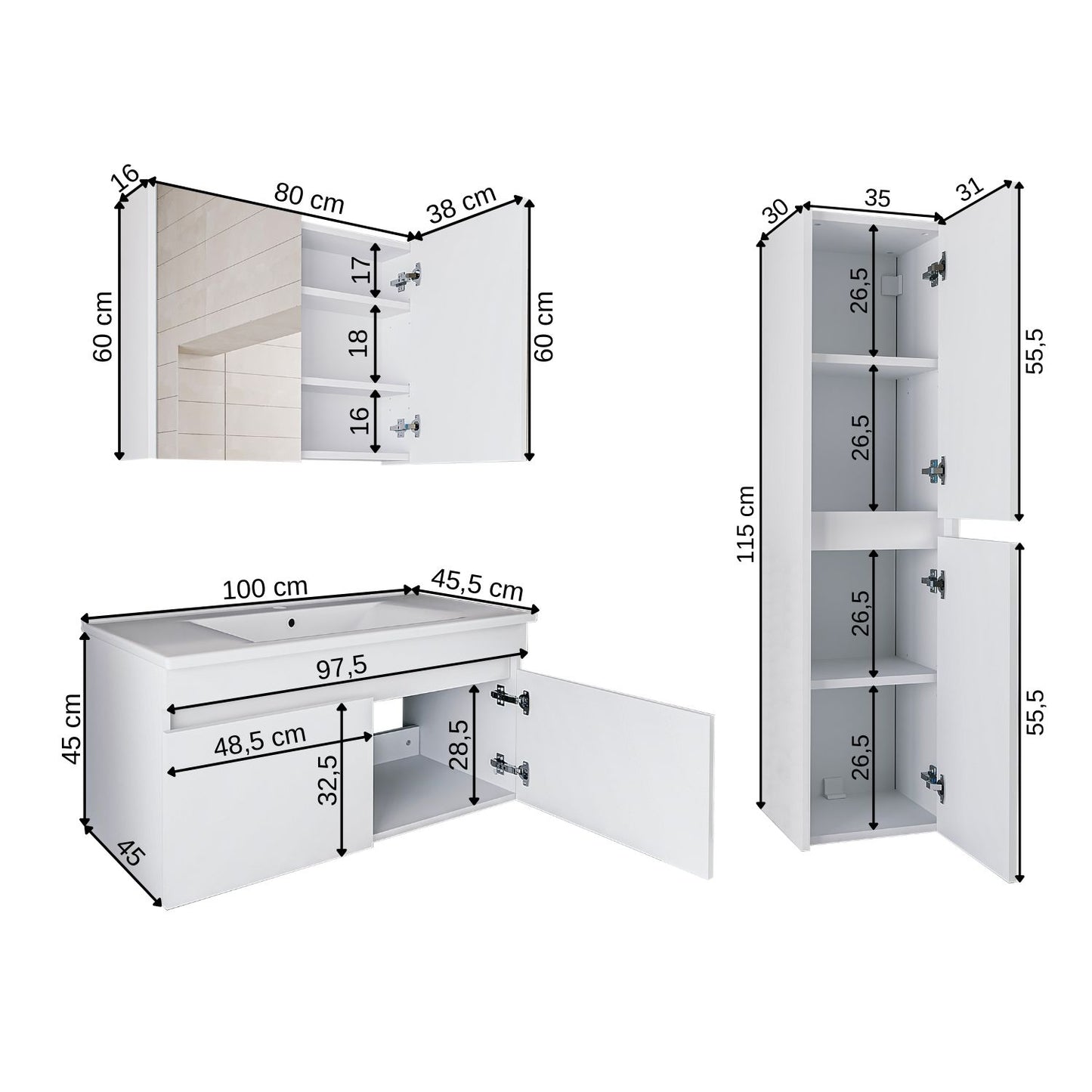 Roomart Badmöbel Set ATRIA In 4 Farben 100 cm Unterschrank mit Keramikwaschbecken Spiegelschrank Hochschrank