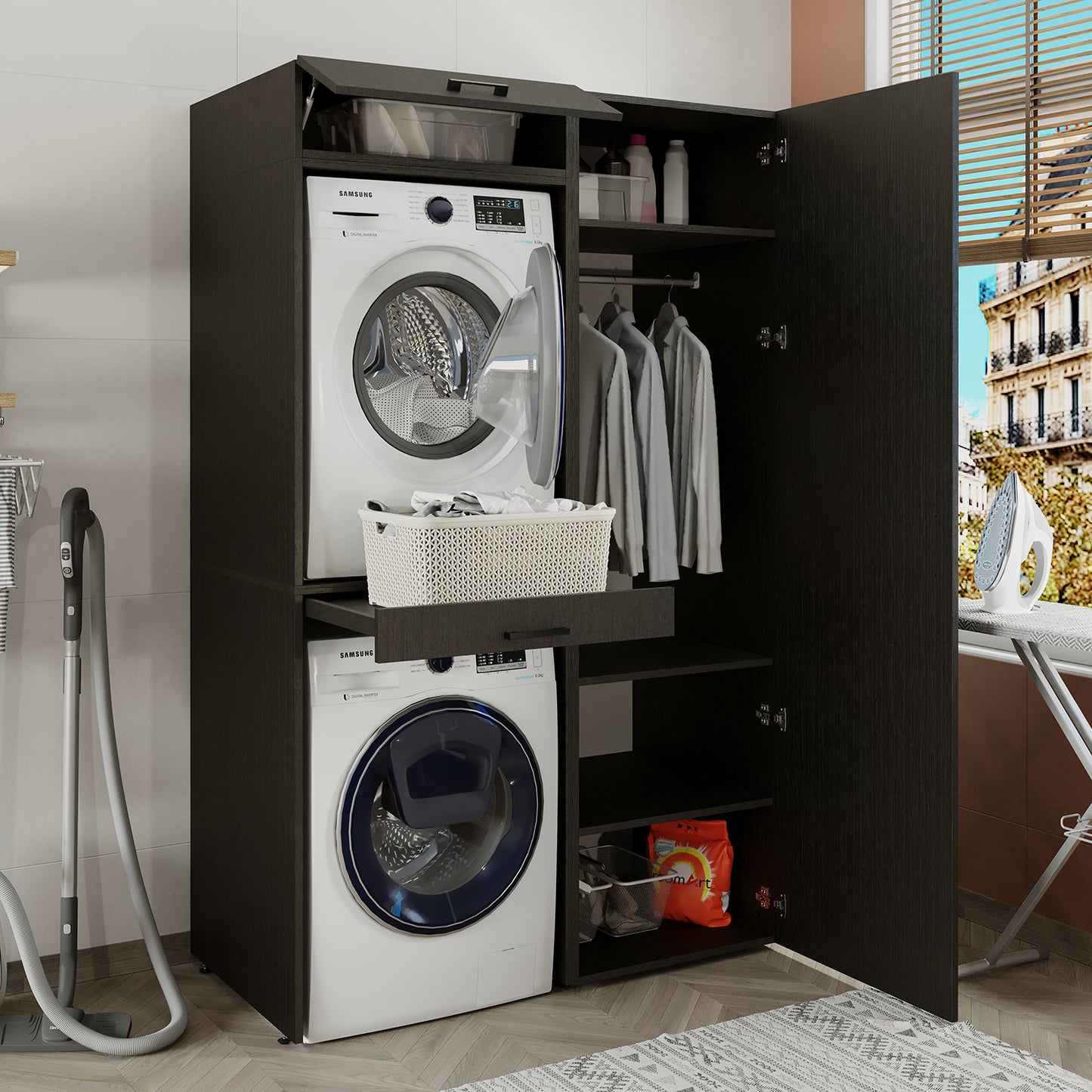 Sèche-linge mural Roomart sur lave-linge • 127 cm de large • Blanc • Chêne noir