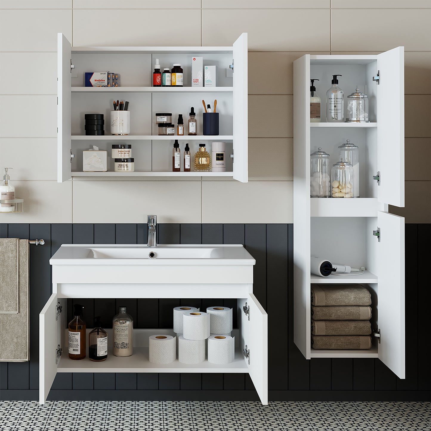 Roomart zestaw mebli łazienkowych ATRIA 85 cm szafka podumywalkowa z lustrem szafka wysoka - łazienka, zestaw, umywalka, z, szafka podumywalkowa, szafka, łazienka, szafka, szeroka, lustro, szafka, łazienka, meble, umywalka, do, łazienka, szafka, wysoka, szafka, umywalka, szafka, w
