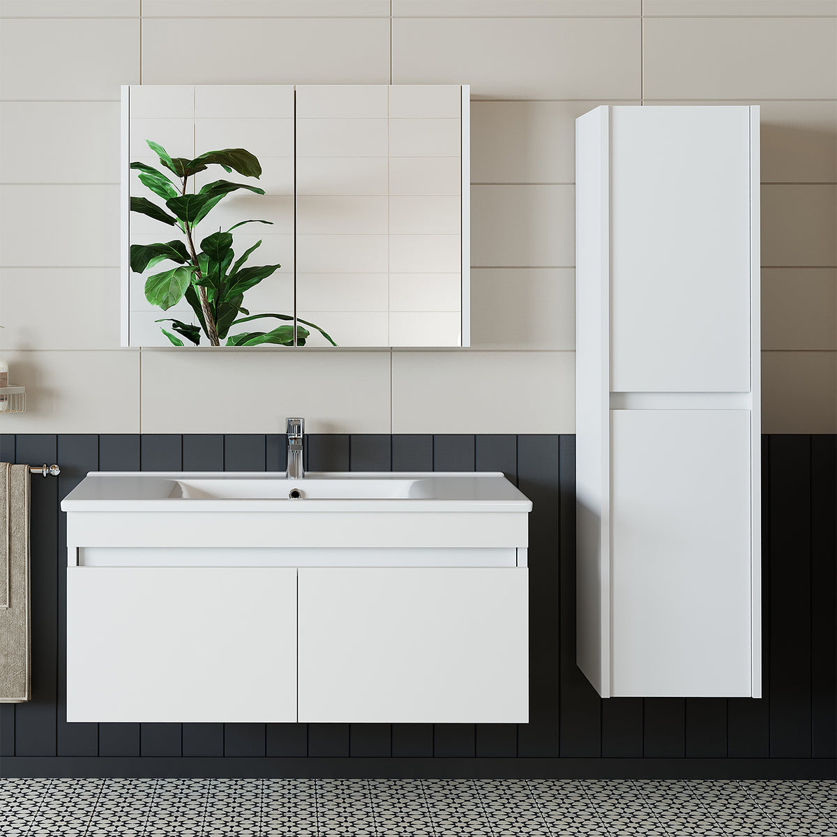 lavabo, set di mobili da bagno, lavabo con mobiletto, mobili da bagno, mobile alto, mobile, illuminazione, mobili da bagno, mobiletto, mobile a specchio, specchio, ampio, bagno, ospite, sospeso, mobile da bagno, bianco, mobili