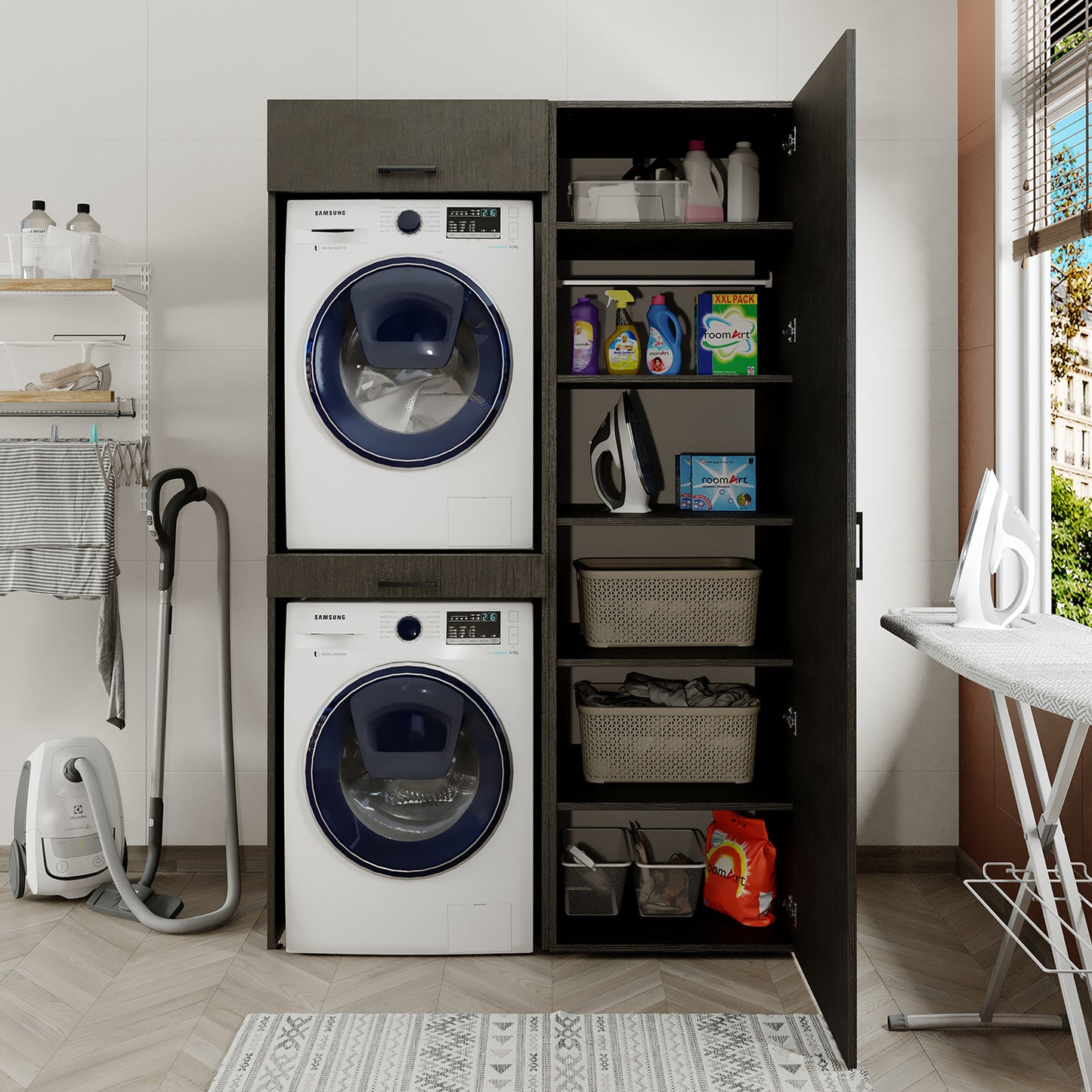 Sèche-linge mural Roomart sur lave-linge • 127 cm de large • Blanc • Chêne noir