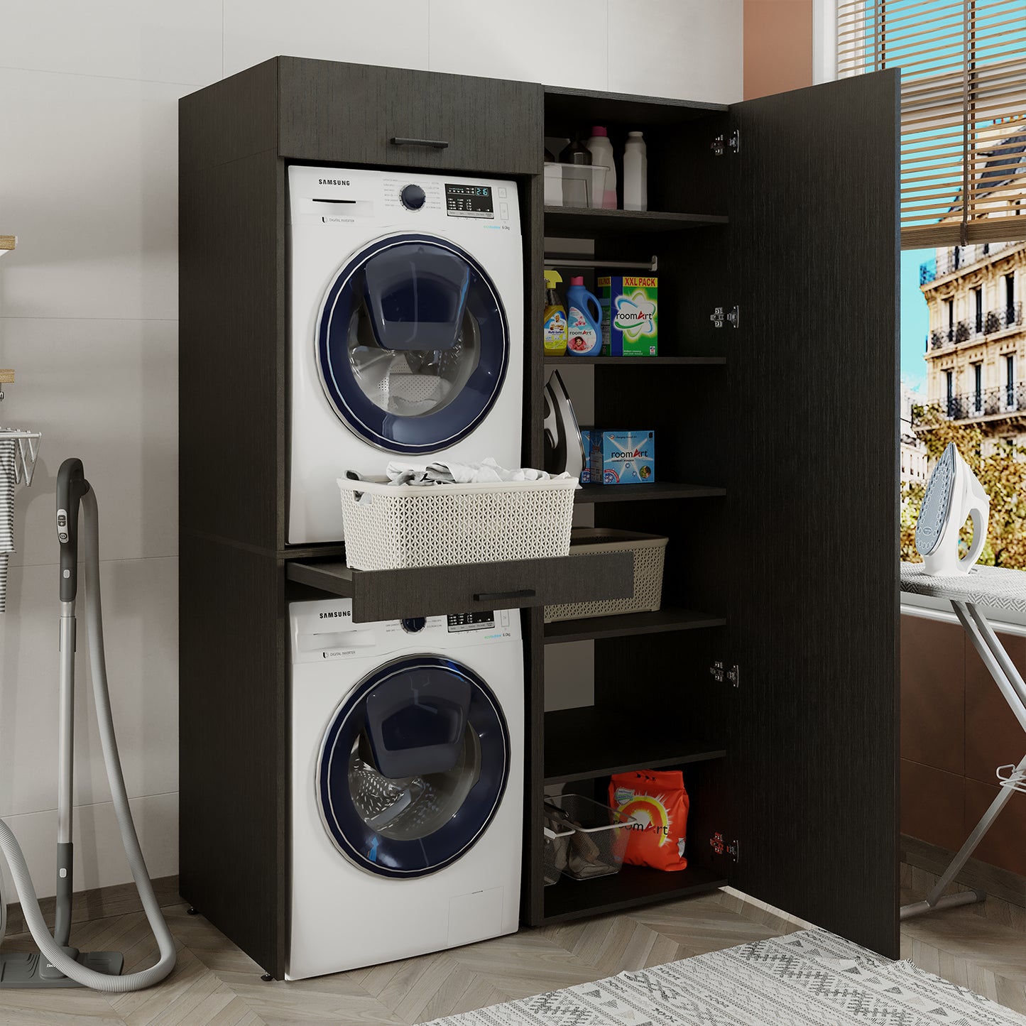 Sèche-linge mural Roomart sur lave-linge • 127 cm de large • Blanc • Chêne noir