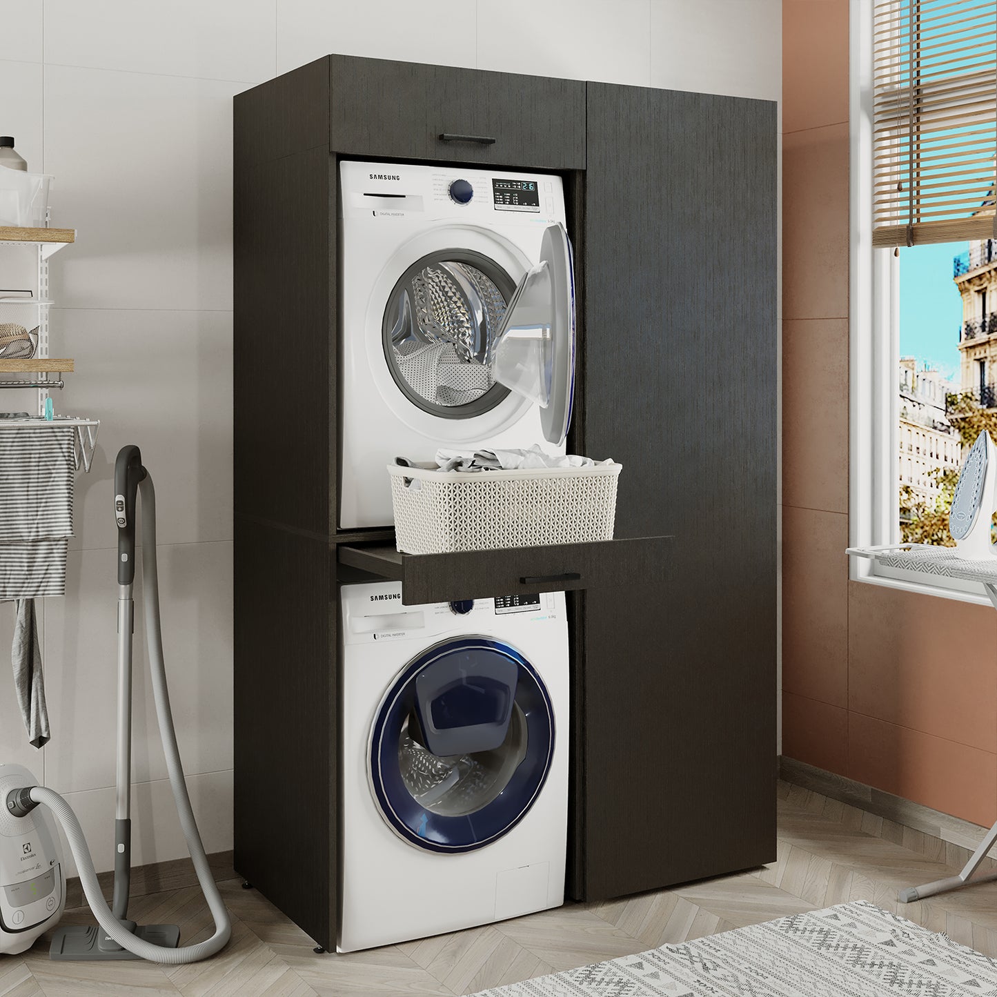 Sèche-linge mural Roomart sur lave-linge • 127 cm de large • Blanc • Chêne noir