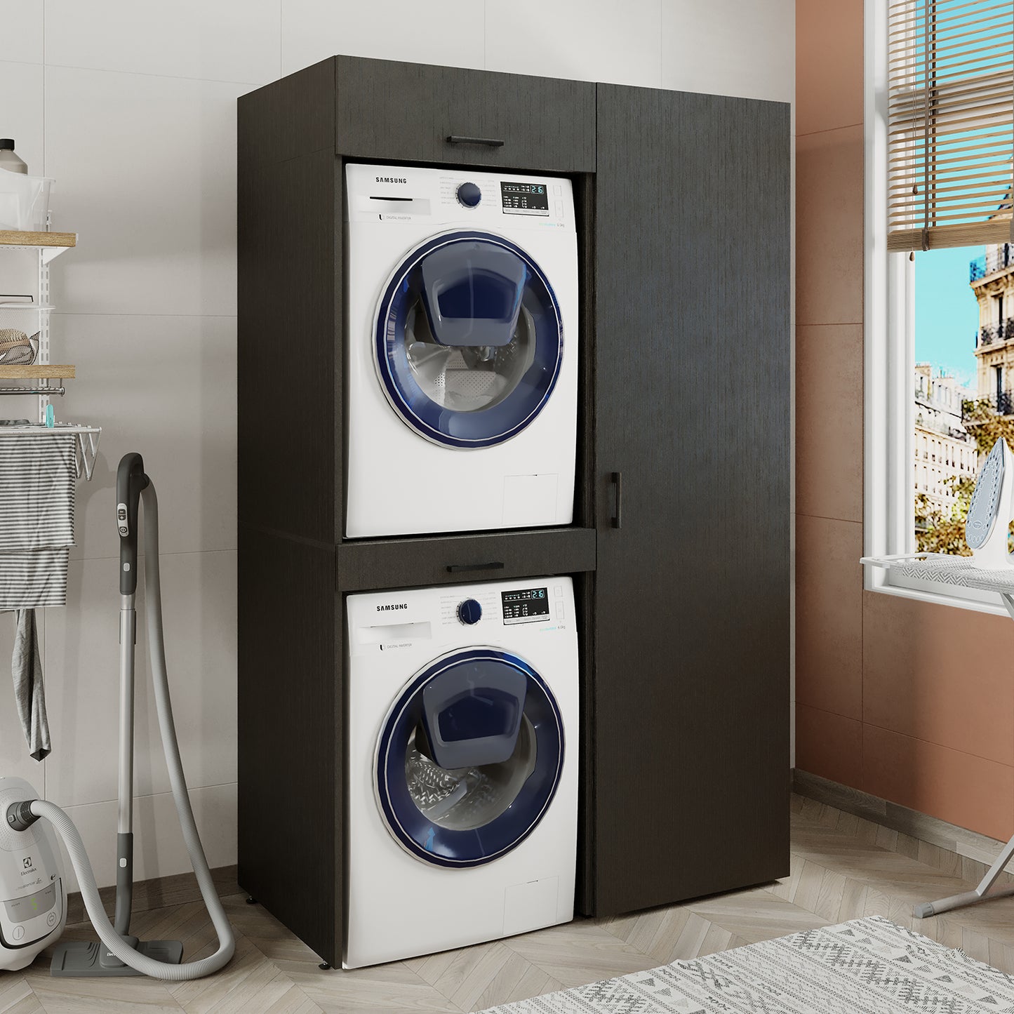 Sèche-linge mural Roomart sur lave-linge • 127 cm de large • Blanc • Chêne noir