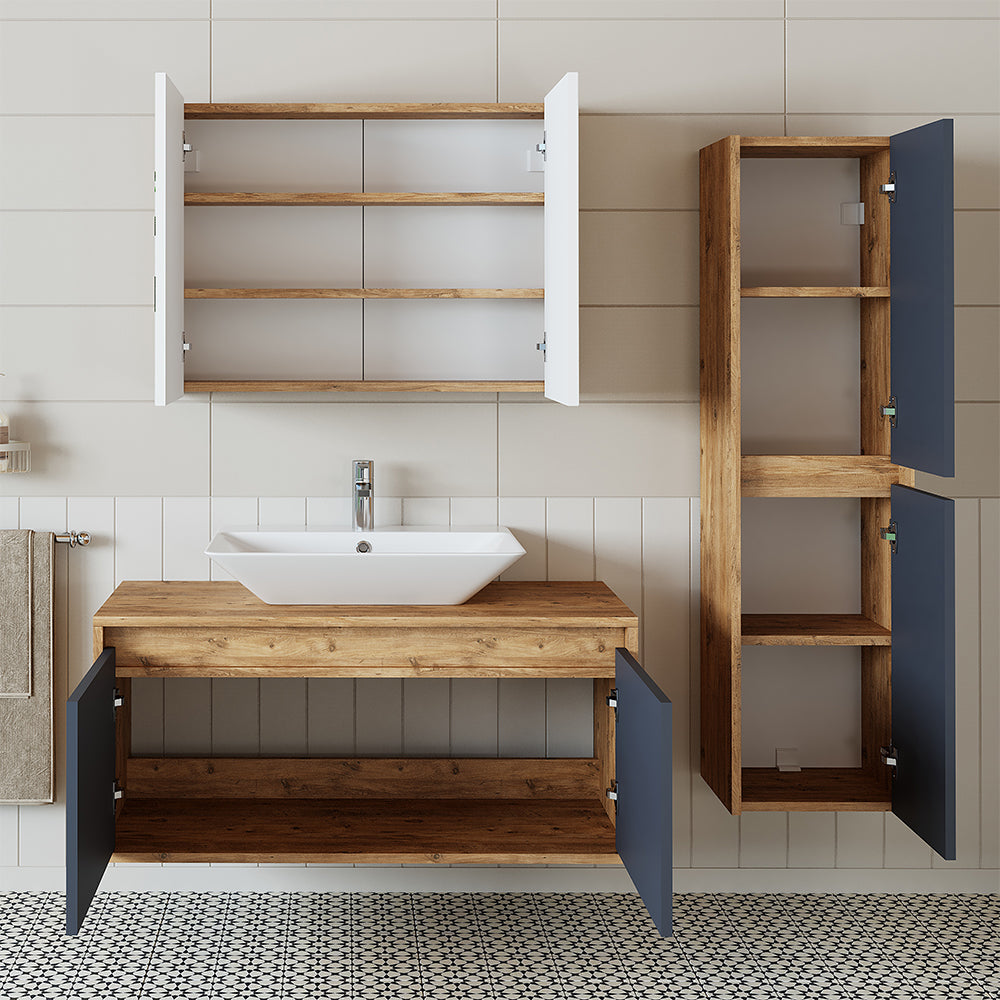 Roomart Badmöbel Set ATLANTIC 4-teilig * In 5 Farben, 100 cm Unterschrank mit Keramikwaschbecken in 4 Fraben • Spiegelschrank • Hochschrank