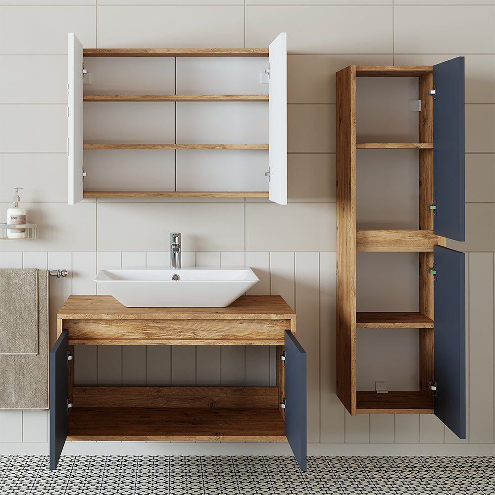 Roomart Badmöbel Set ATLANTIC 4-teilig 85 cm in 5 Farben Unterschrank mit Keramikwaschbecken • Spiegelschrank • Hochschrank