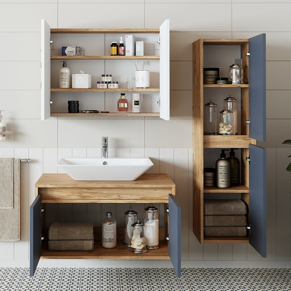 Roomart Badmöbel Set ATLANTIC 4-teilig 85 cm in 5 Farben Unterschrank mit Keramikwaschbecken • Spiegelschrank • Hochschrank