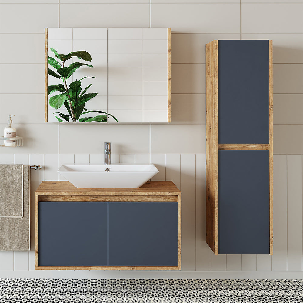 Roomart Badmöbel Set ATLANTIC 4-teilig 85 cm in 5 Farben Unterschrank mit Keramikwaschbecken • Spiegelschrank • Hochschrank