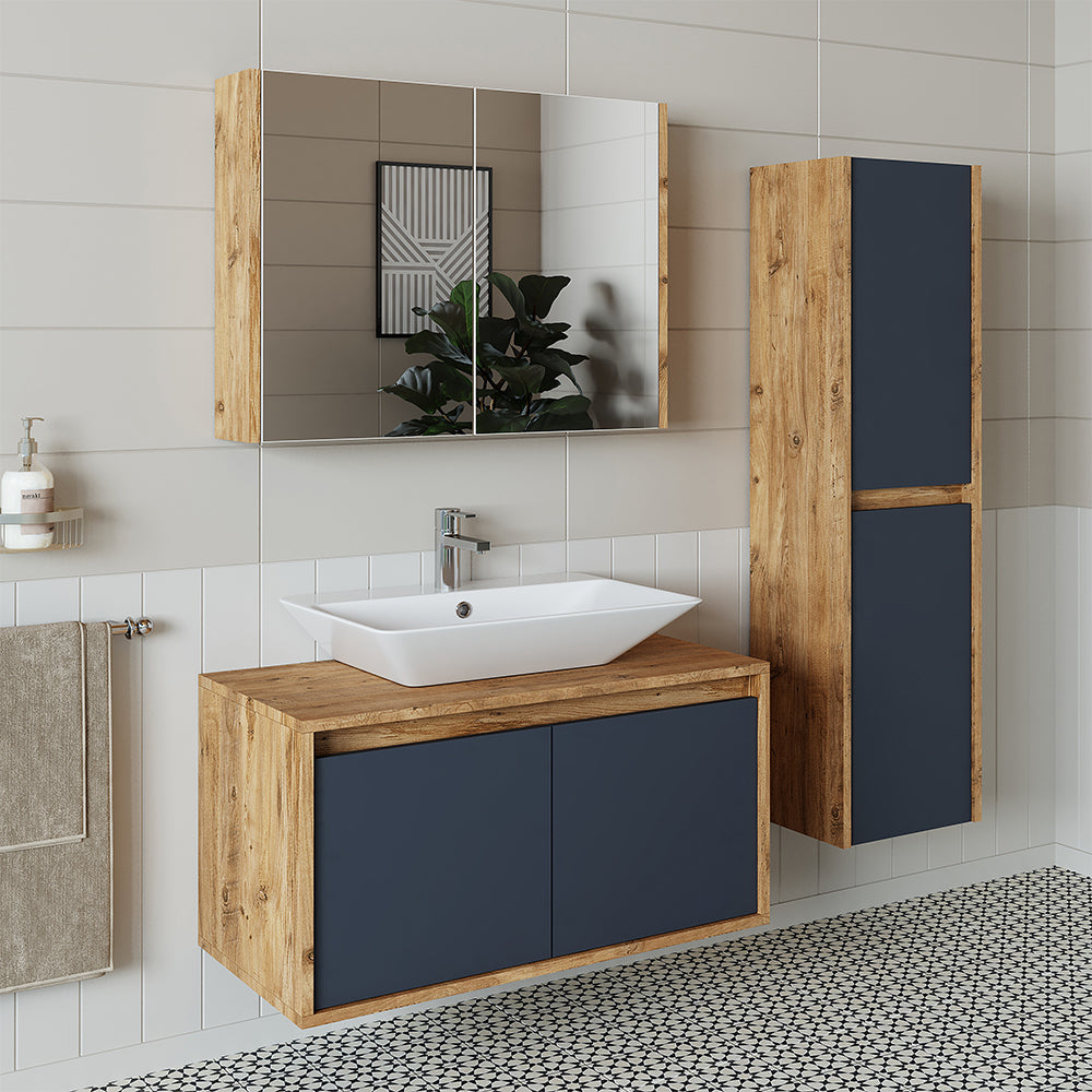 Roomart Badmöbel Set ATLANTIC 4-teilig 85 cm in 5 Farben Unterschrank mit Keramikwaschbecken • Spiegelschrank • Hochschrank