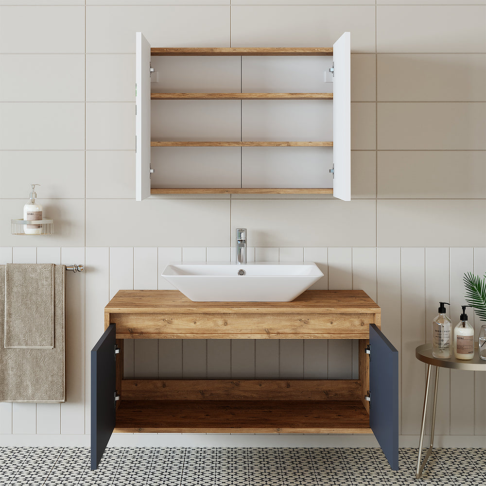 Roomart • Badmöbel Set • ATLANTIC • 3 Teilig • 100 cm Unterschrank mit Keramikwaschbecken • 80 cm Spiegelschrank