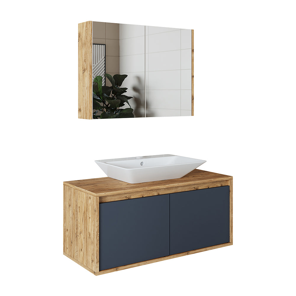 Roomart • Badmöbel Set • ATLANTIC • 3 Teilig • 100 cm Unterschrank mit Keramikwaschbecken • 80 cm Spiegelschrank