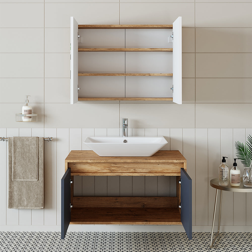 Roomart • Badmöbel Set • ATLANTIC • 3 Teilig • 85 cm Unterschrank mit Keramikwaschbecken • Spiegelschrank