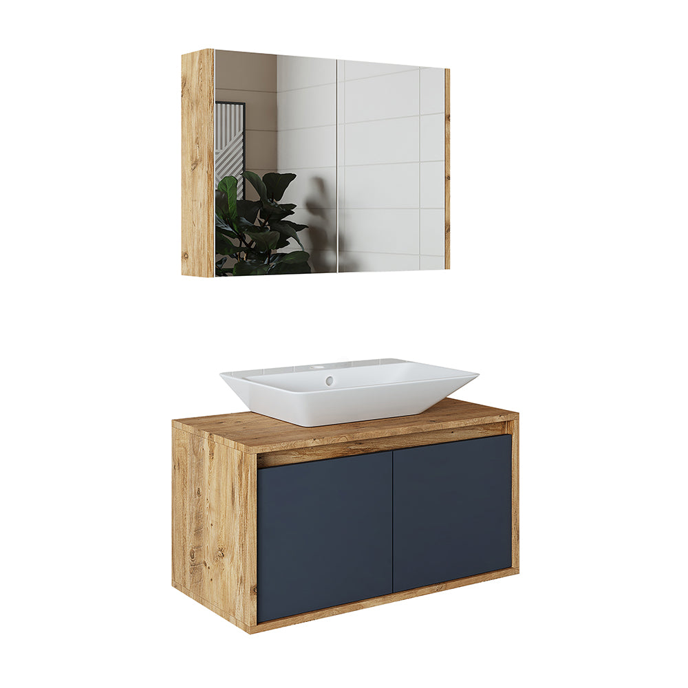 Roomart • Badmöbel Set • ATLANTIC • 3 Teilig • 85 cm Unterschrank mit Keramikwaschbecken • Spiegelschrank