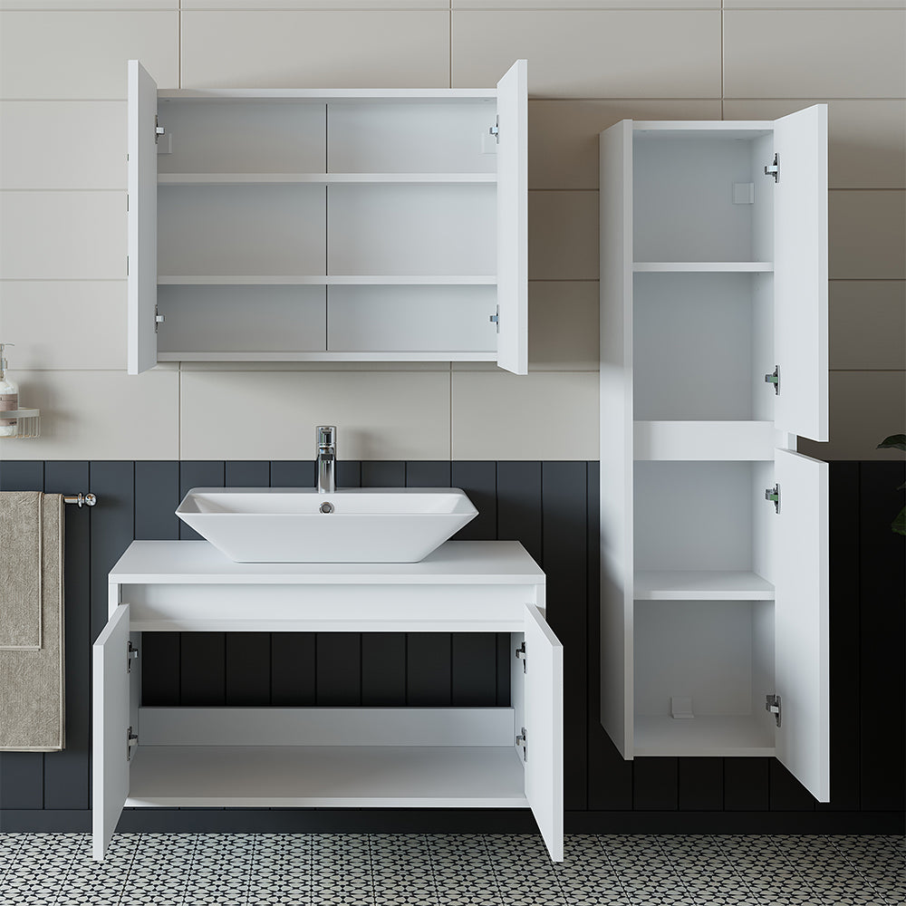 Roomart Badmöbel Set ATLANTIC 4-teilig 85 cm in 5 Farben Unterschrank mit Keramikwaschbecken • Spiegelschrank • Hochschrank