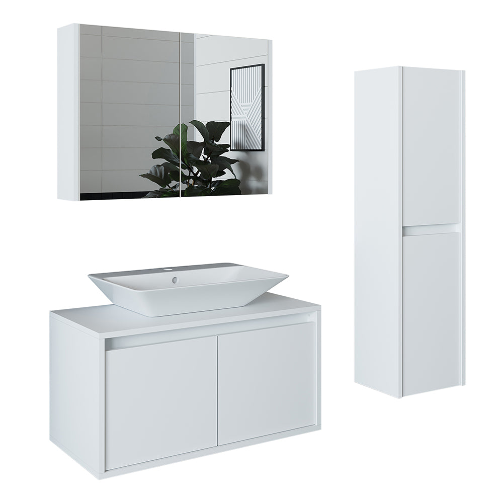Roomart Badmöbel Set ATLANTIC 4-teilig 85 cm in 5 Farben Unterschrank mit Keramikwaschbecken • Spiegelschrank • Hochschrank