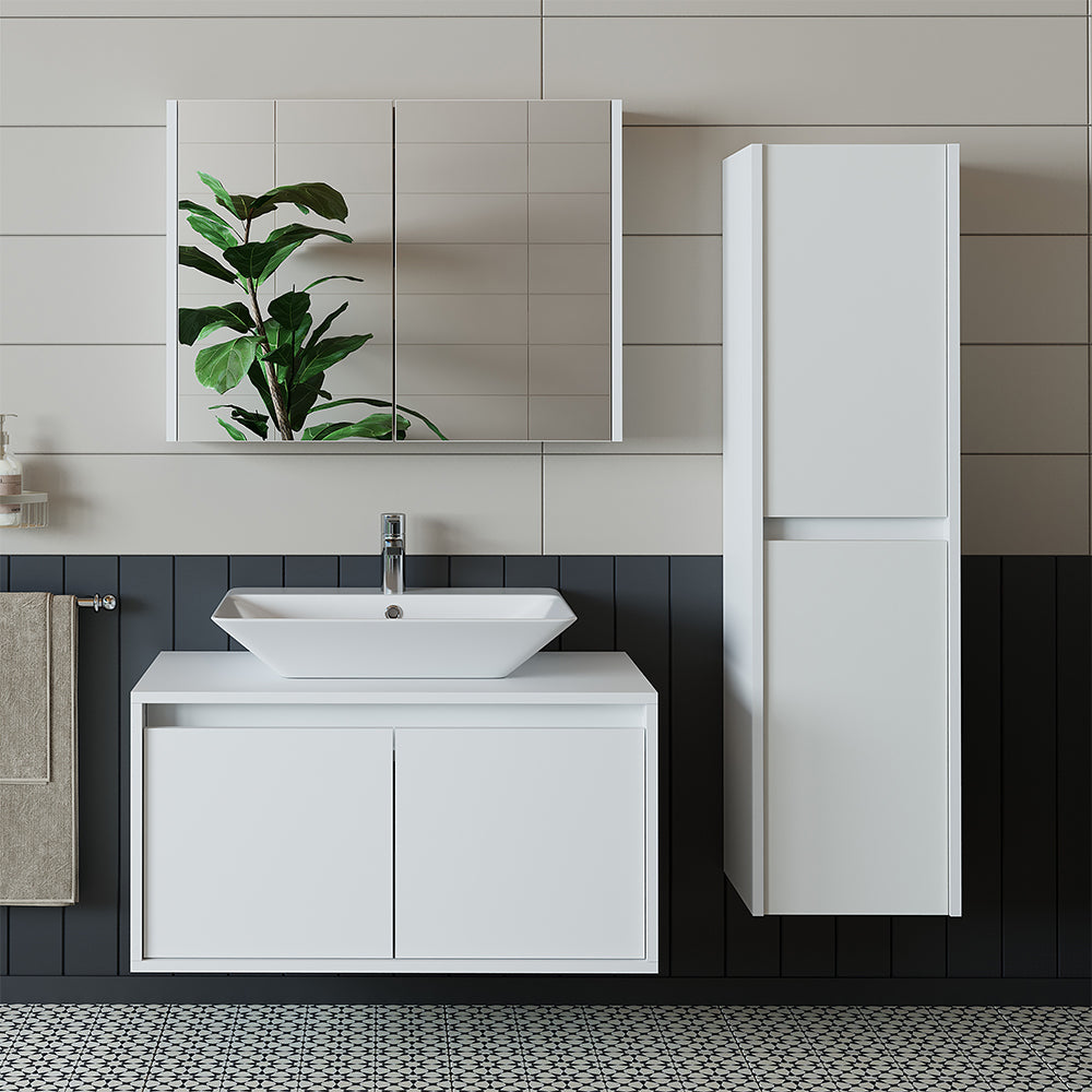 Roomart Badmöbel Set ATLANTIC 4-teilig 85 cm in 5 Farben Unterschrank mit Keramikwaschbecken • Spiegelschrank • Hochschrank - badezimmerschrank, waschbecken, badezimmermöbel, badschrank, badezimmer, mit, unterschrank, badmöbel, set, waschtisch, möbel, bad