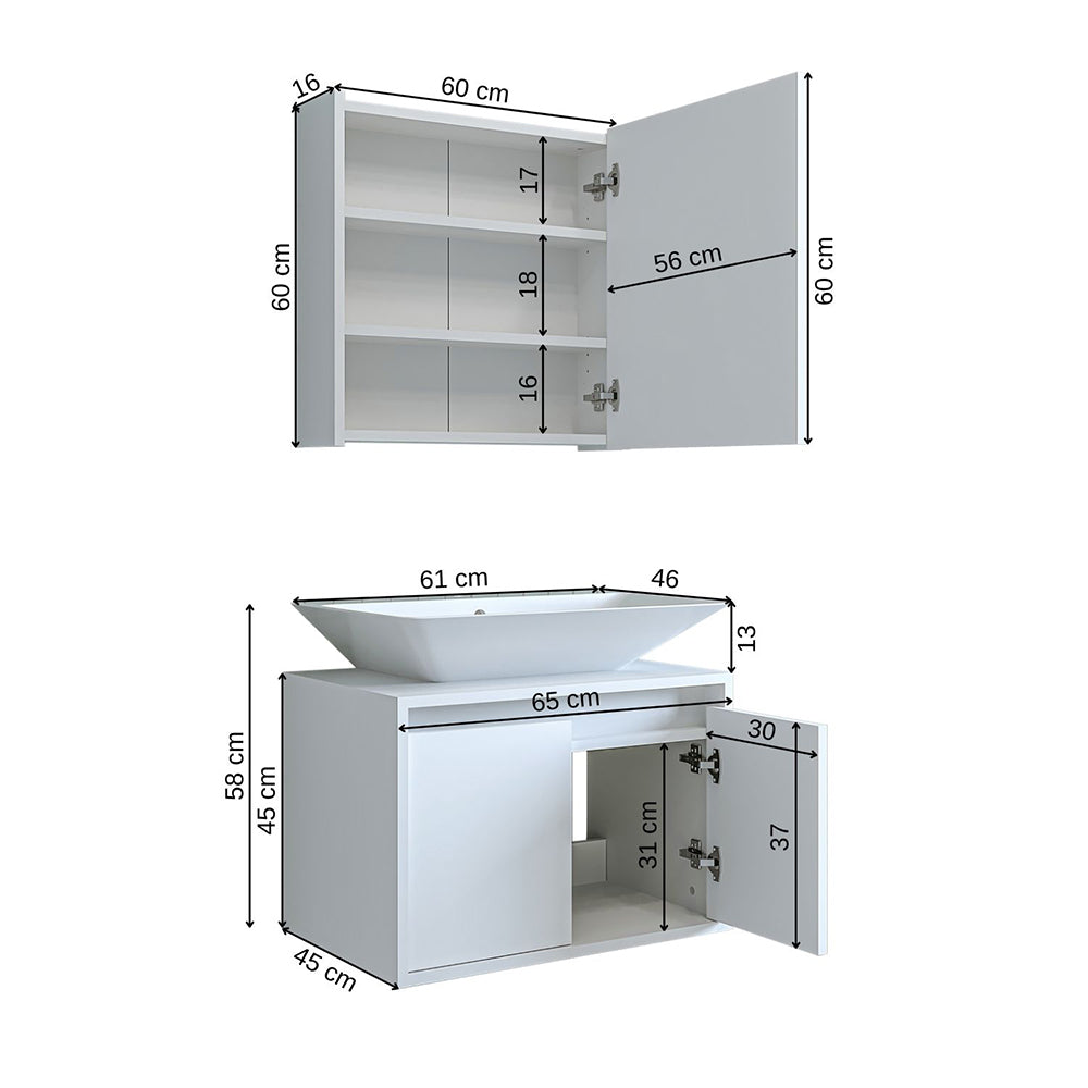 Roomart Badmöbel Set ATLANTIC 3 Teilig 65 cm Unterschrank mit Keramikwaschbecken • Spiegelschrank