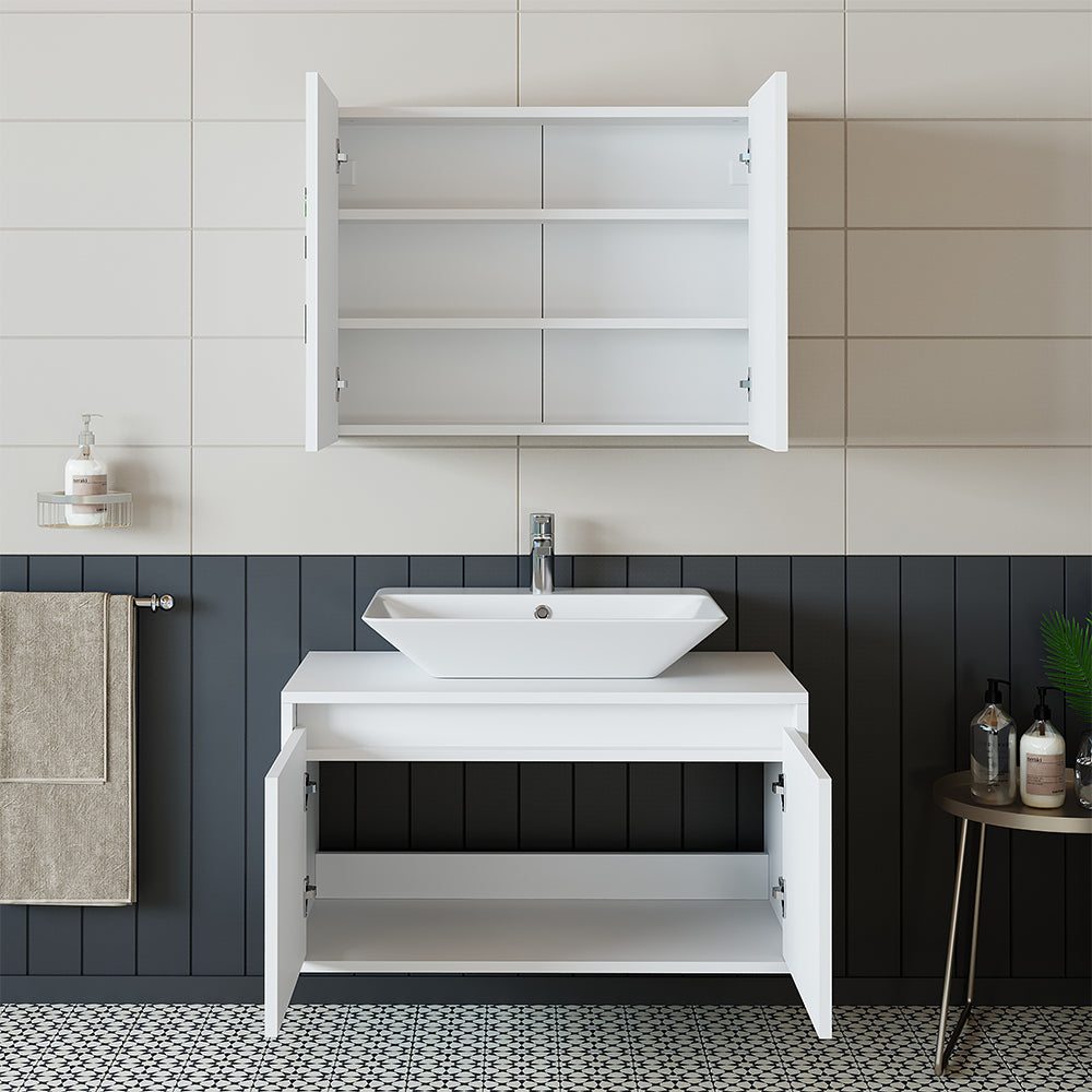Roomart • Badmöbel Set • ATLANTIC • 3 Teilig • 85 cm Unterschrank mit Keramikwaschbecken • Spiegelschrank