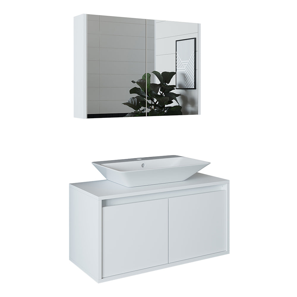 Roomart • Badmöbel Set • ATLANTIC • 3 Teilig • 85 cm Unterschrank mit Keramikwaschbecken • Spiegelschrank