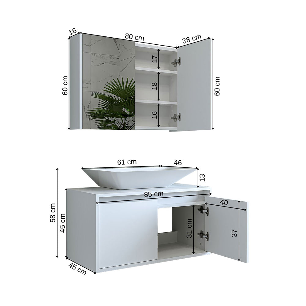 Roomart • Badmöbel Set • ATLANTIC • 3 Teilig • 85 cm Unterschrank mit Keramikwaschbecken • Spiegelschrank