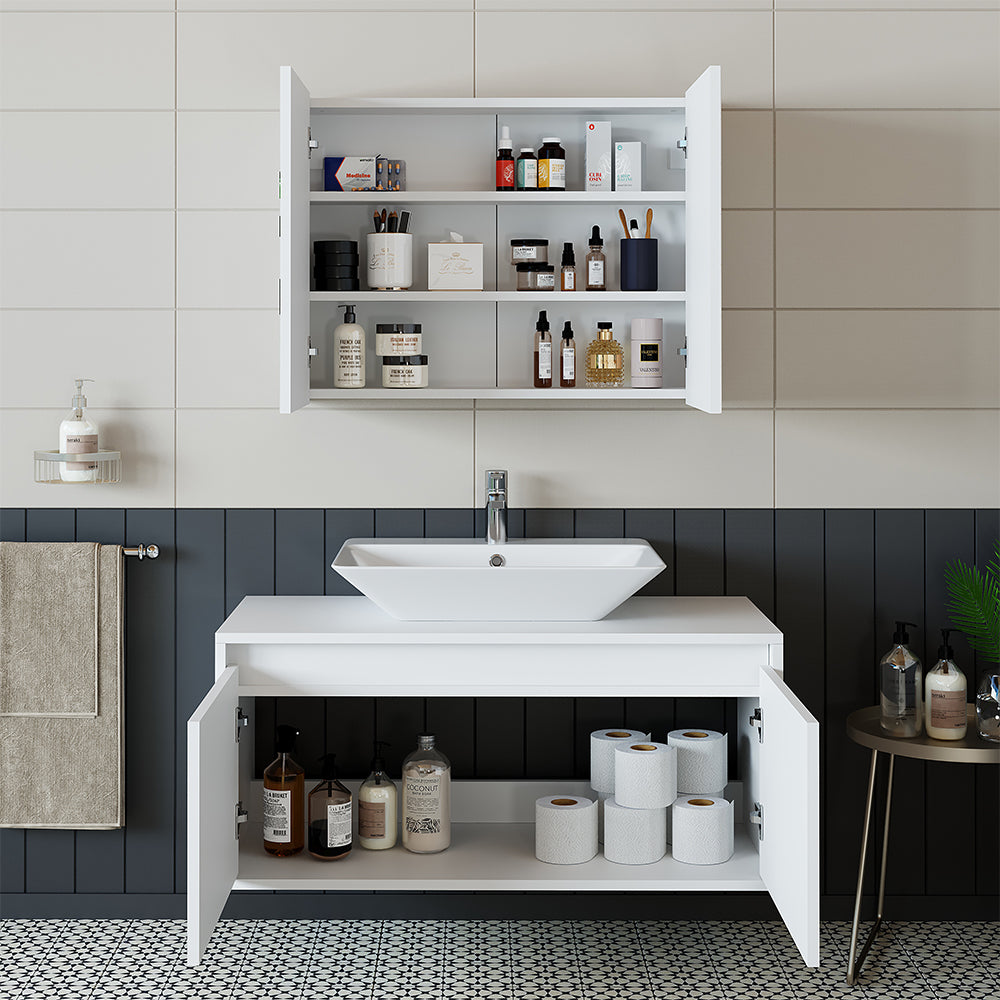 Roomart • Badmöbel Set • ATLANTIC • 3 Teilig • 100 cm Unterschrank mit Keramikwaschbecken • 80 cm Spiegelschrank- badezimmerschrank, waschbecken, badezimmermöbel, badschrank, badezimmer, mit, unterschrank, badmöbel, set, waschtisch, möbel, badezimmermãbel