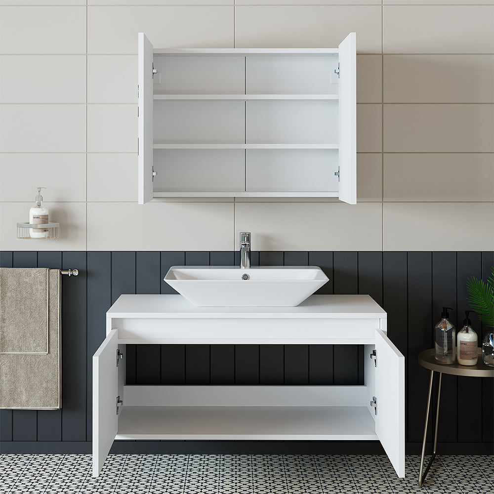 Roomart • Badmöbel Set • ATLANTIC • 3 Teilig • 100 cm Unterschrank mit Keramikwaschbecken • 80 cm Spiegelschrank