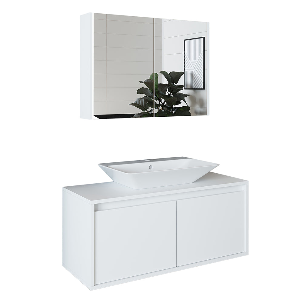 Roomart • Badmöbel Set • ATLANTIC • 3 Teilig • 100 cm Unterschrank mit Keramikwaschbecken • 80 cm Spiegelschrank