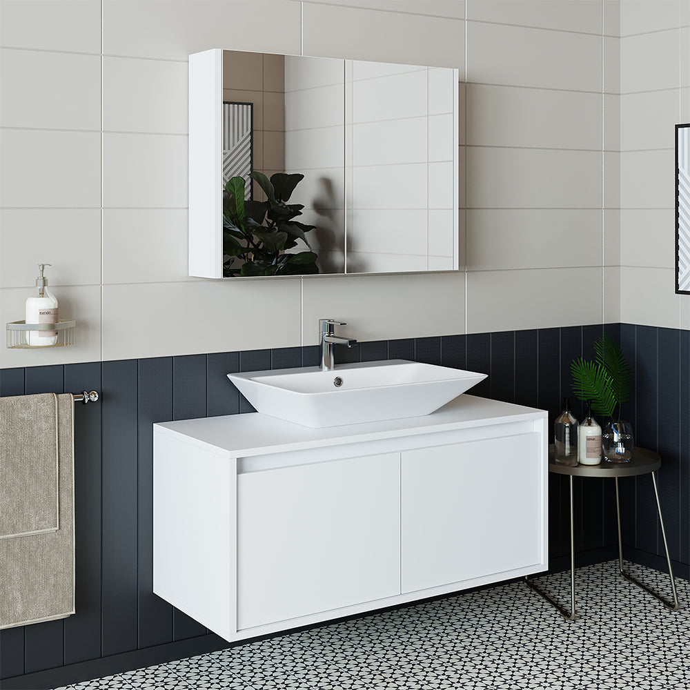 Roomart • Badmöbel Set • ATLANTIC • 3 Teilig • 100 cm Unterschrank mit Keramikwaschbecken • 80 cm Spiegelschrank- badezimmerschrank, waschbecken, badezimmermöbel, badschrank, badezimmer, mit, unterschrank, badmöbel, set, waschtisch, möbel, badezimmermãbel