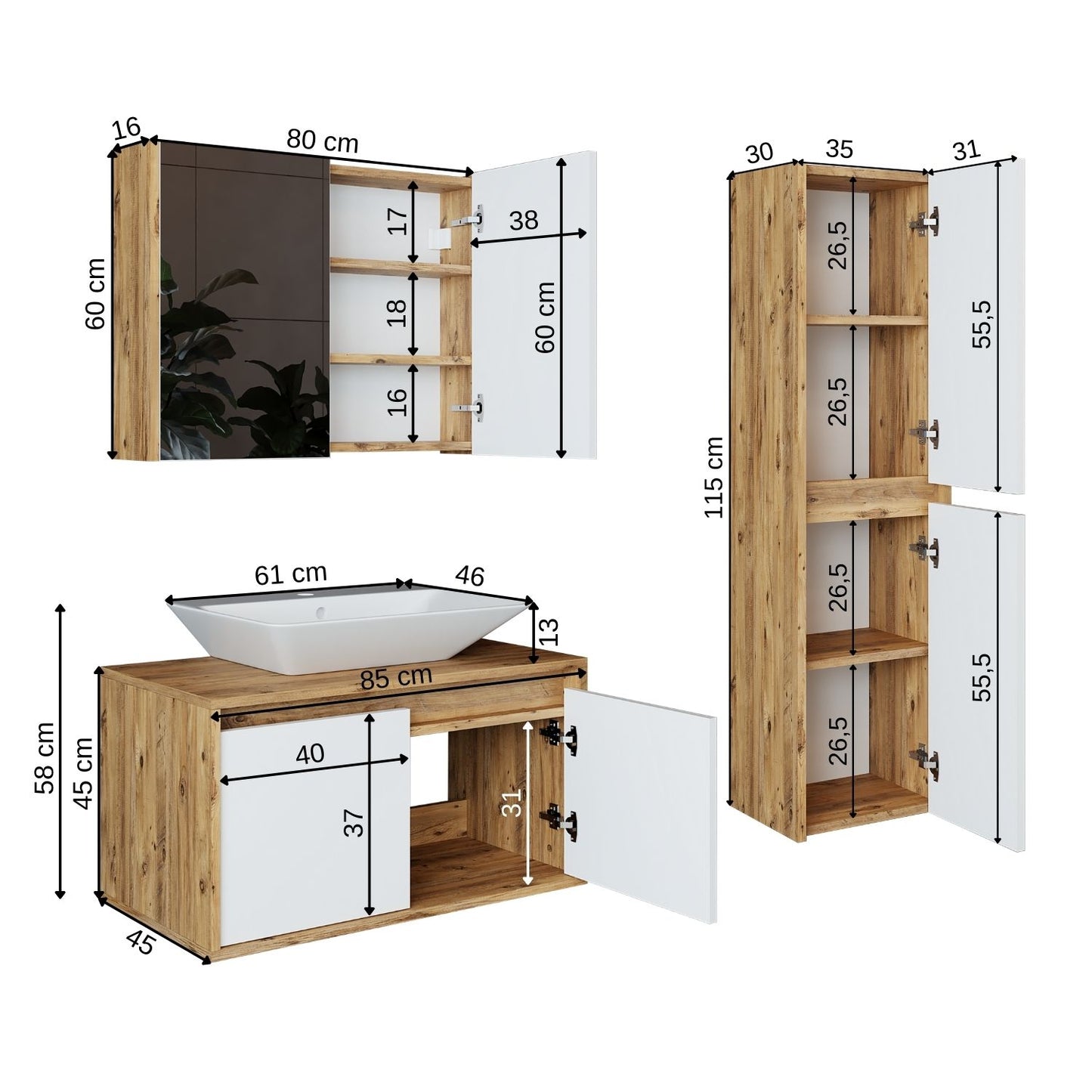 Roomart Badmöbel Set ATLANTIC 4-teilig 85 cm in 5 Farben Unterschrank mit Keramikwaschbecken • Spiegelschrank • Hochschrank