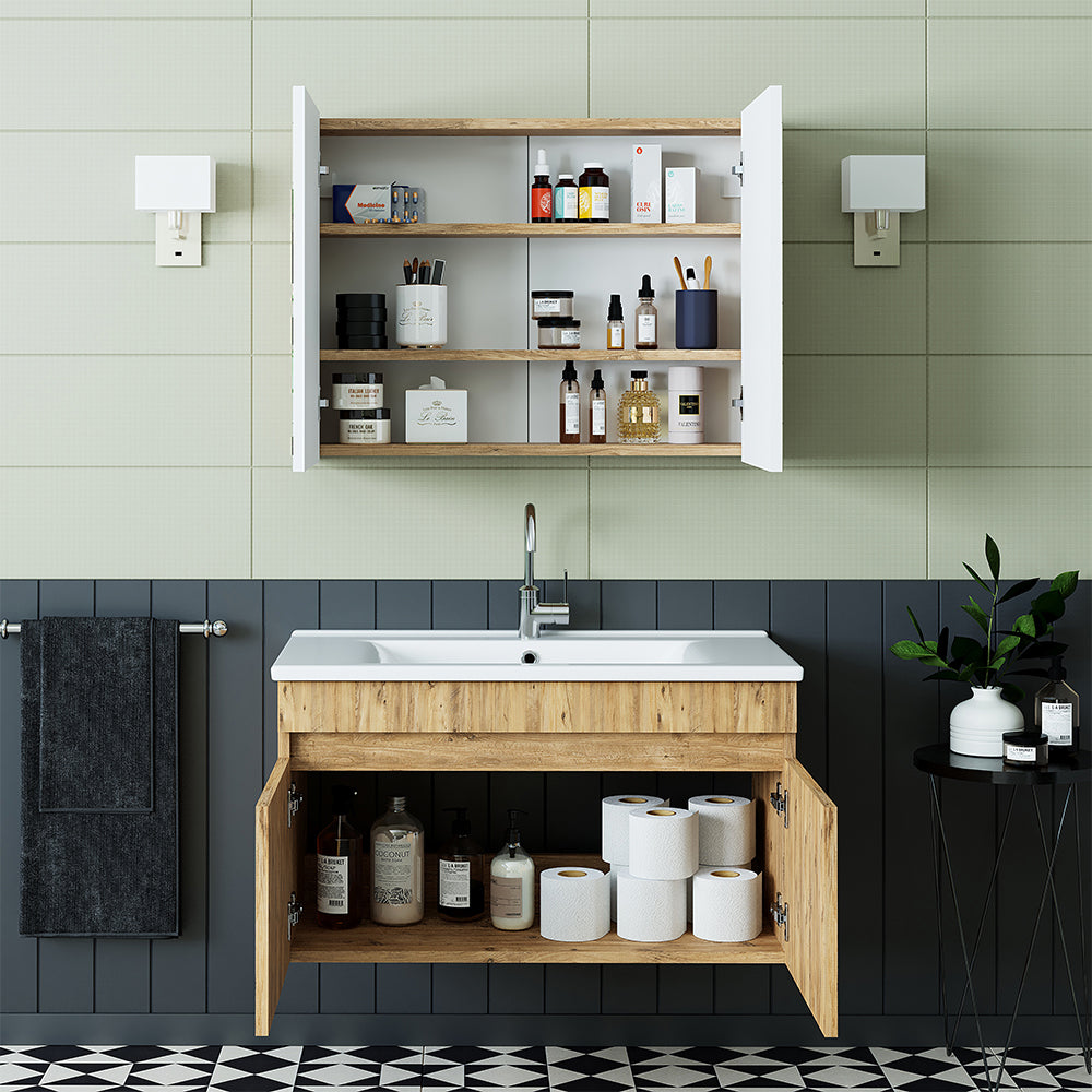 Roomart Badmöbel Set ATRIA 3 Teilig, in 4 Farben, 85 cm Unterschrank mit Keramikwaschbecken • Spiegelschrank