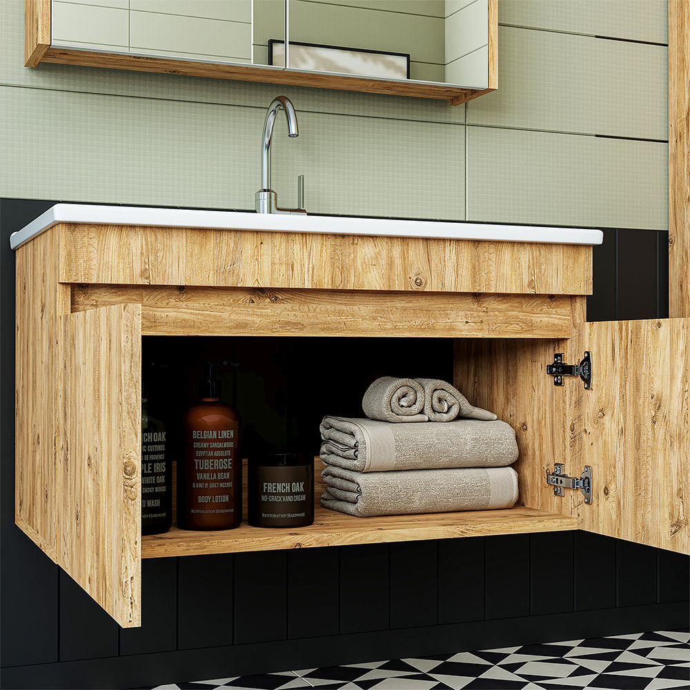 Roomart Badmöbel Set ATRIA 3 Teilig, in 4 Farben, 85 cm Unterschrank mit Keramikwaschbecken • Spiegelschrank