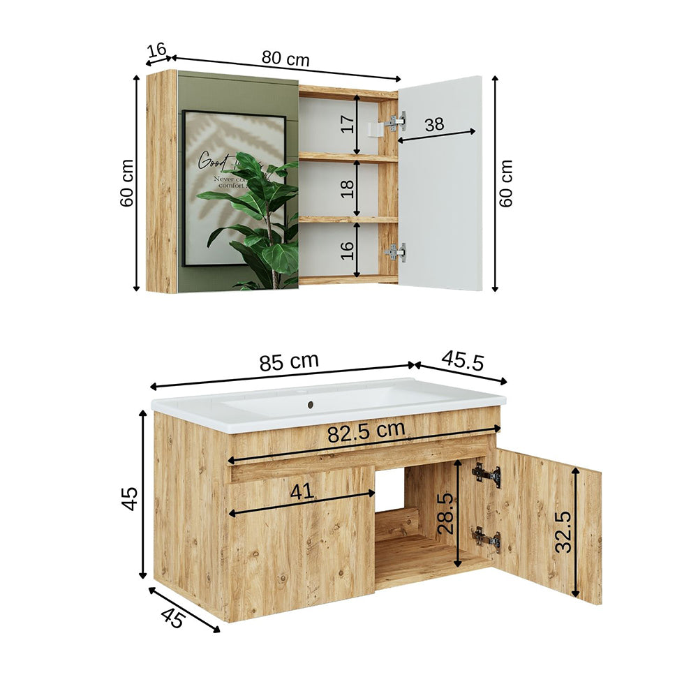 Roomart Badmöbel Set ATRIA 3 Teilig, in 4 Farben, 85 cm Unterschrank mit Keramikwaschbecken • Spiegelschrank
