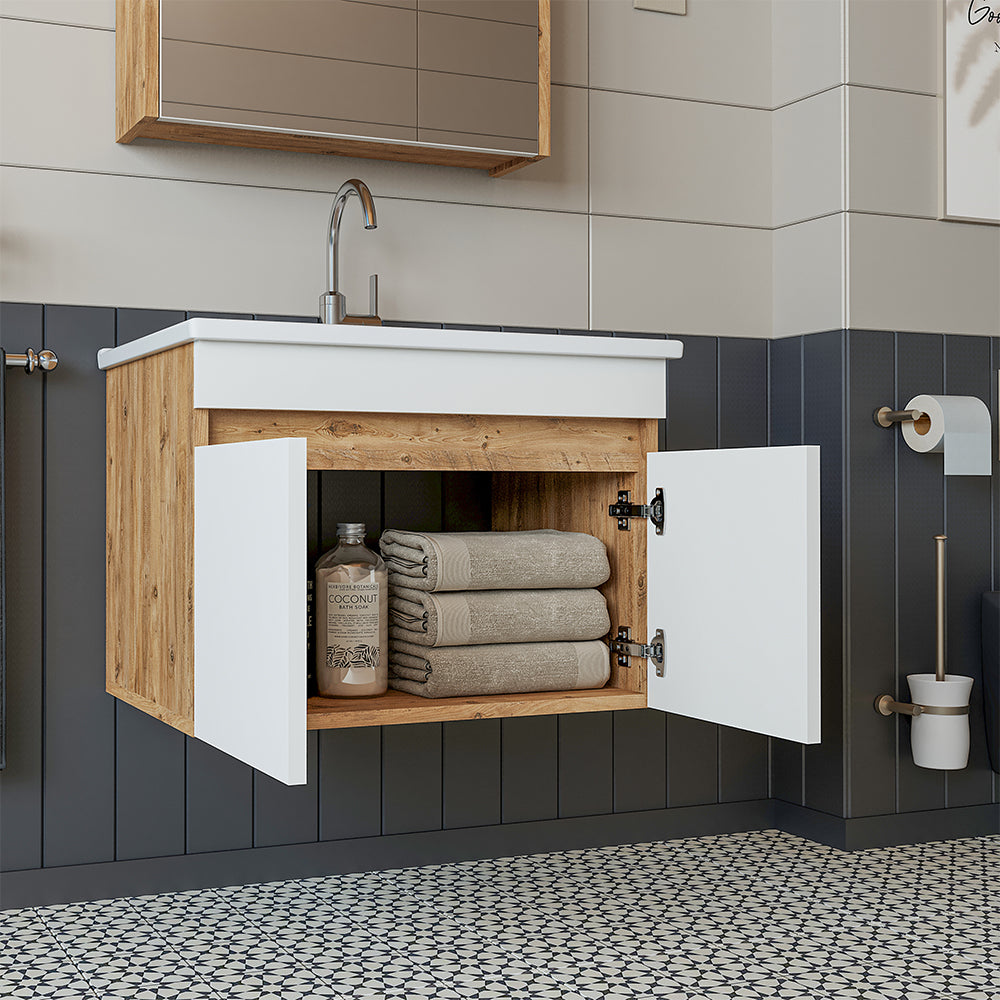 Roomart Badmöbel Set ATRIA 65 cm Unterschrank mit Waschbecken Spiegelschrank Hochschrank
